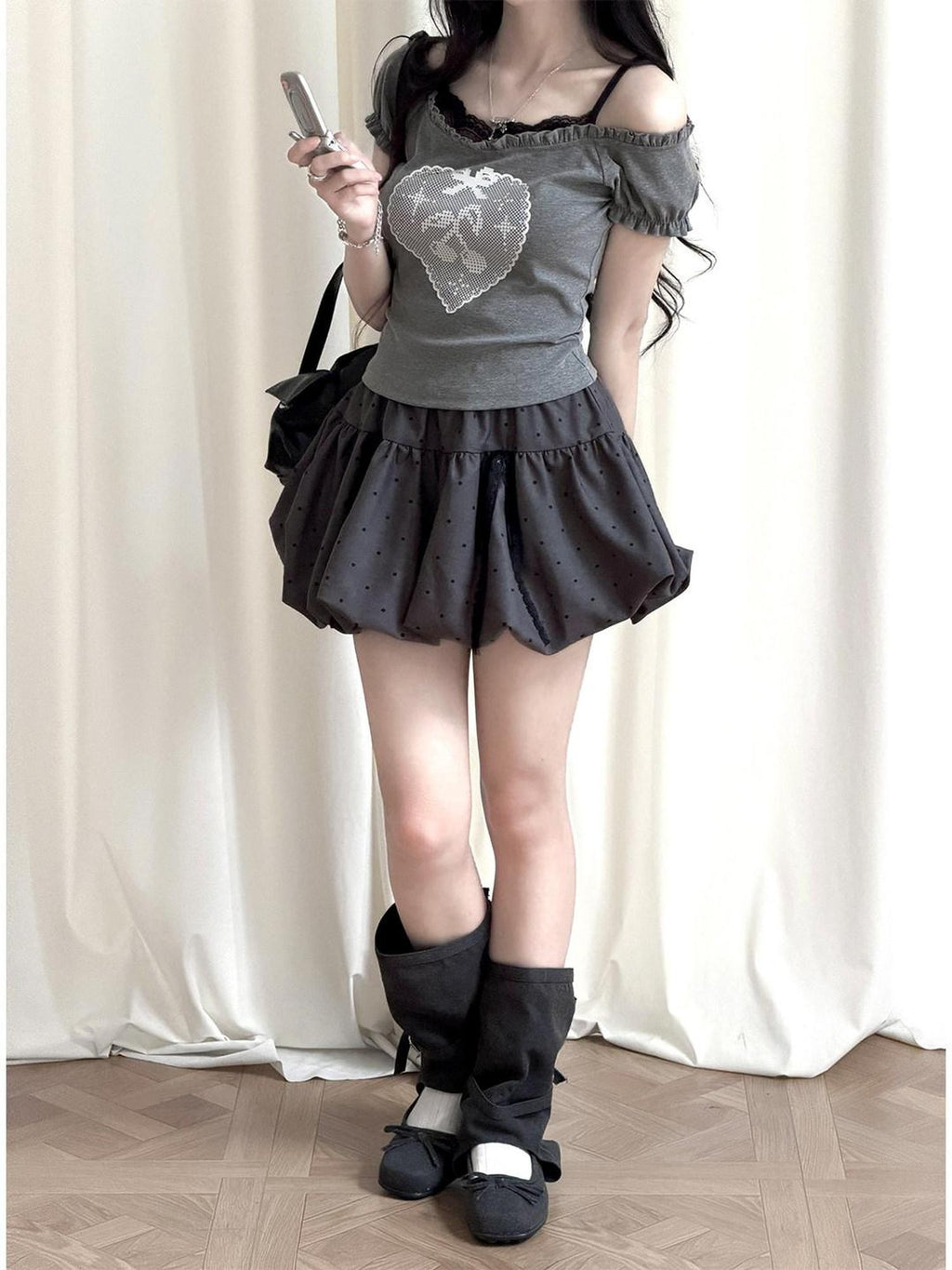 Kyouko Baby Millennial Gray Heart Print Puff Sleeve Off Shoulder Women's Matching Skirt Sets