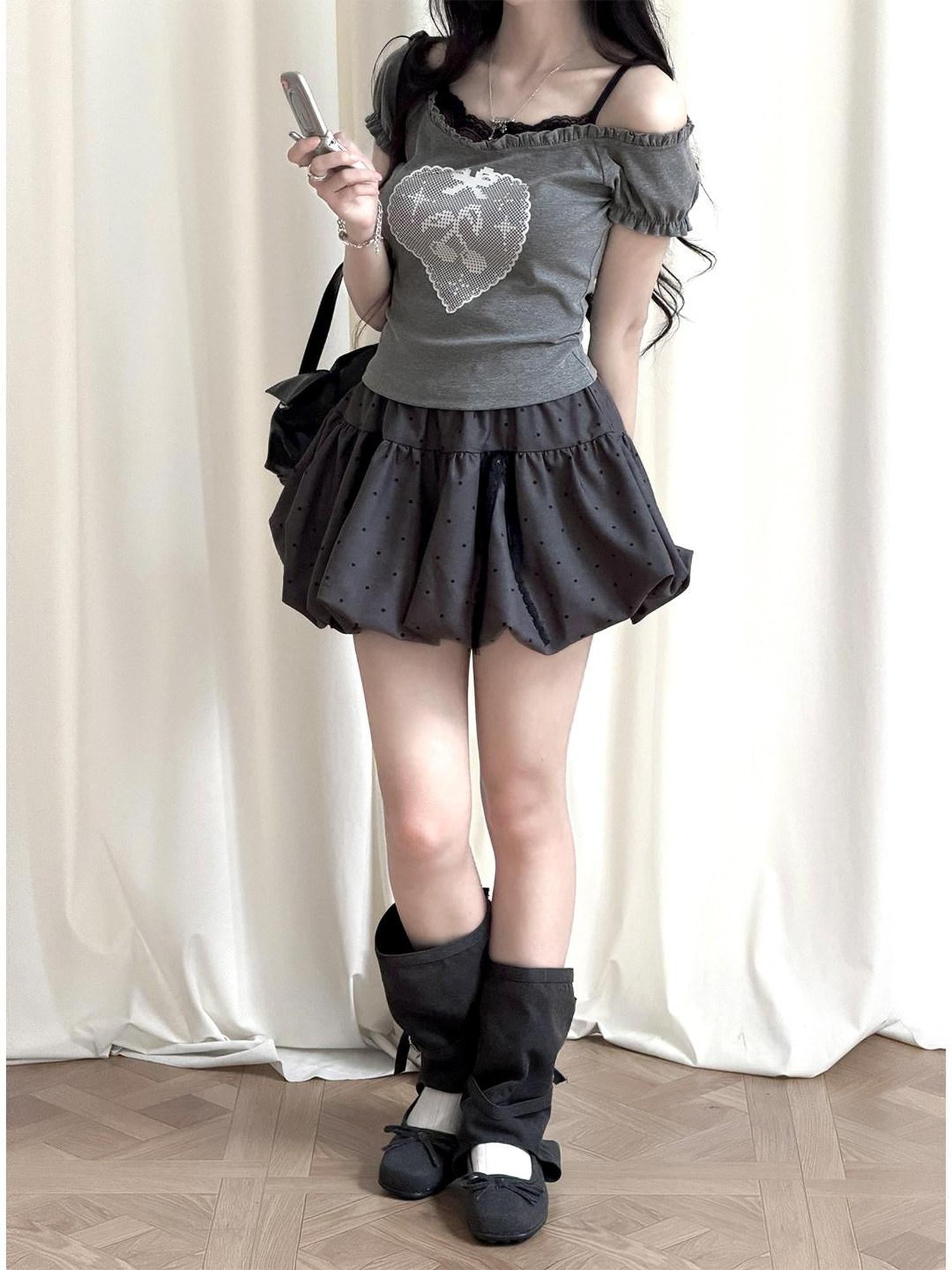 Kyouko Baby Millennial Gray Heart Print Puff Sleeve Off Shoulder Women's Matching Skirt Sets