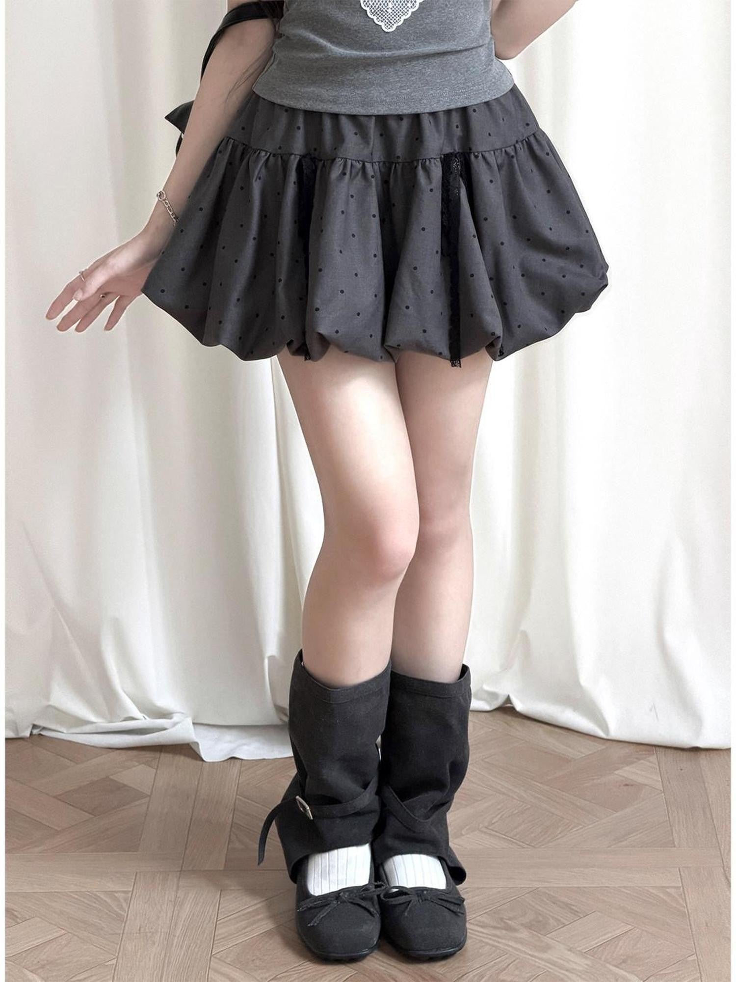 Kyouko Baby Millennial Gray Heart Print Puff Sleeve Off Shoulder Women's Matching Skirt Sets