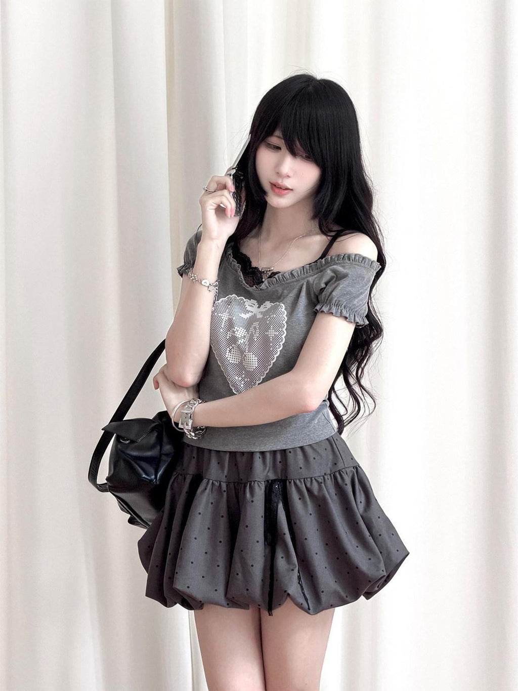 Kyouko Baby Millennial Gray Heart Print Puff Sleeve Off Shoulder Women's Matching Skirt Sets
