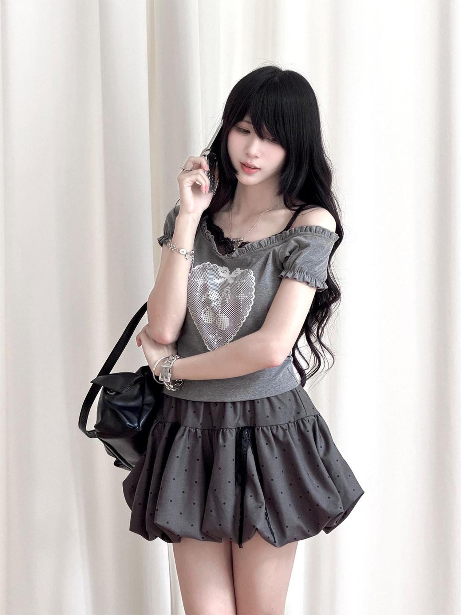 Kyouko Baby Millennial Gray Heart Print Puff Sleeve Off Shoulder Women's Matching Skirt Sets