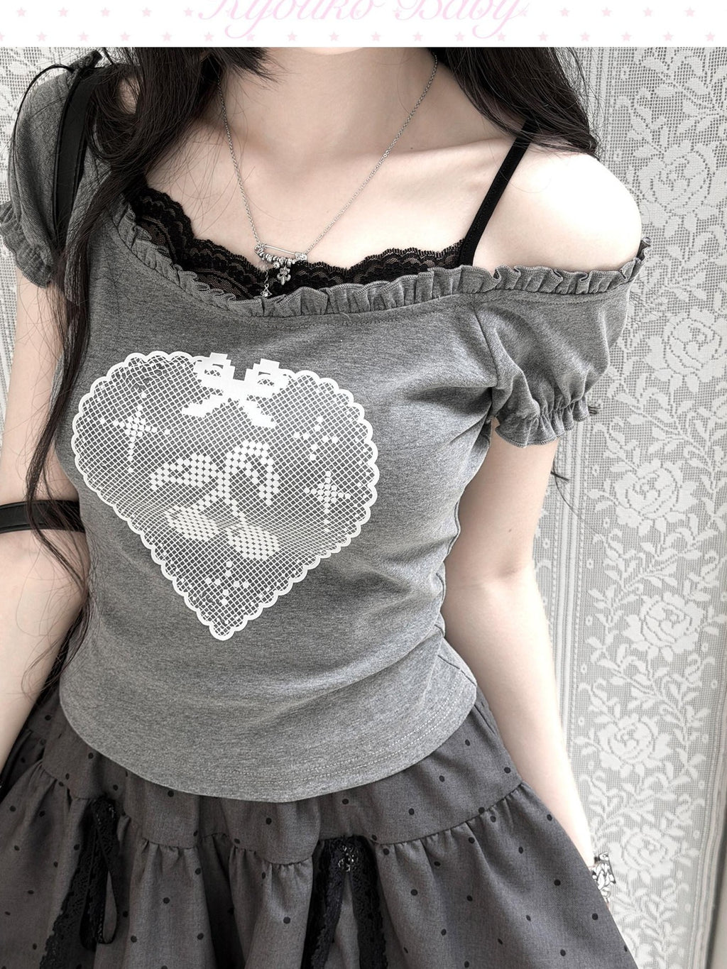 Kyouko Baby Millennial Gray Heart Print Puff Sleeve Off Shoulder Women's Matching Skirt Sets