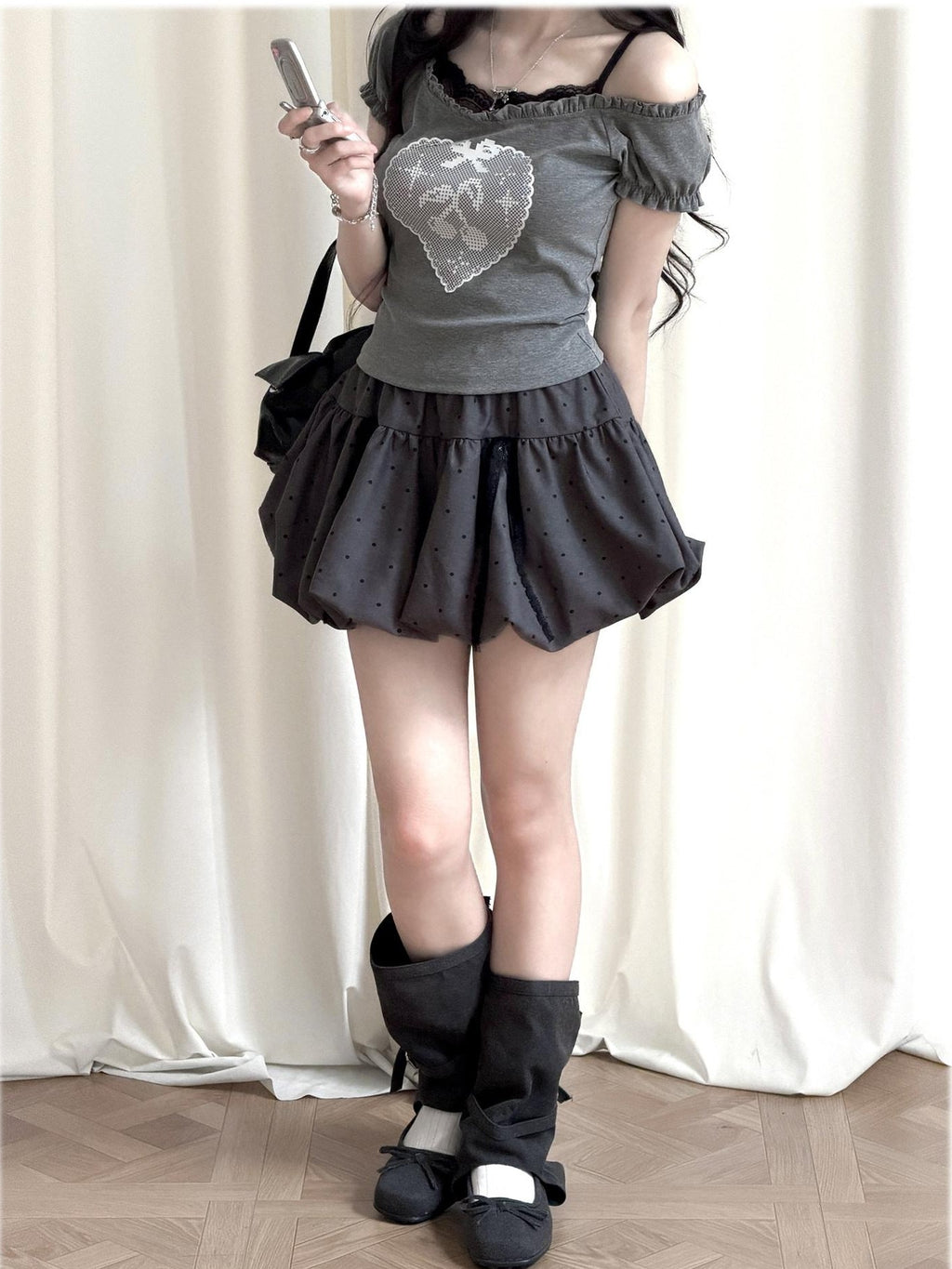 Kyouko Baby Millennial Gray Heart Print Puff Sleeve Off Shoulder Women's Matching Skirt Sets
