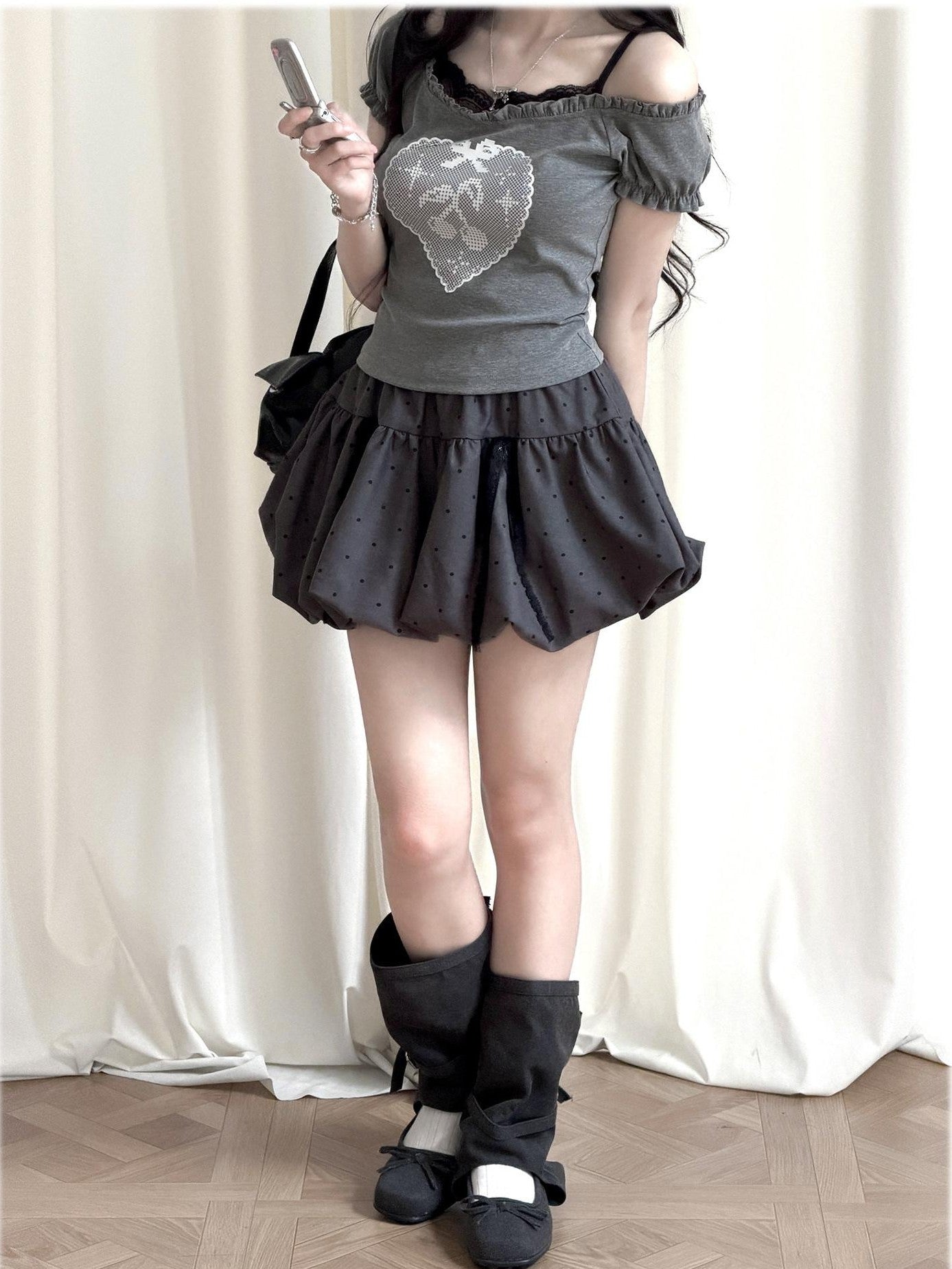 Kyouko Baby Millennial Gray Heart Print Puff Sleeve Off Shoulder Women's Matching Skirt Sets