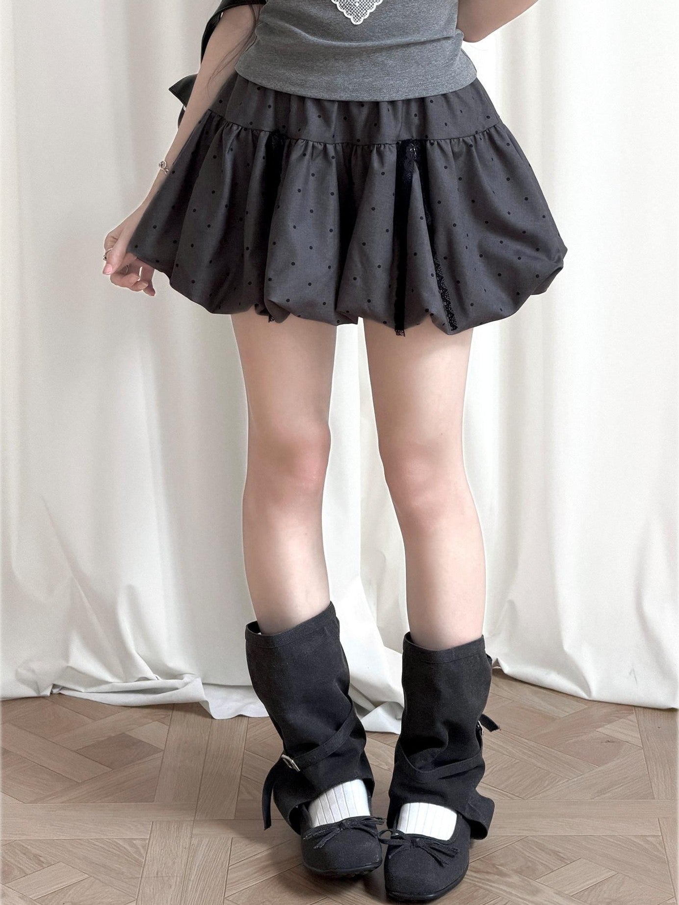 Kyouko Baby Millennial Gray Heart Print Puff Sleeve Off Shoulder Women's Matching Skirt Sets
