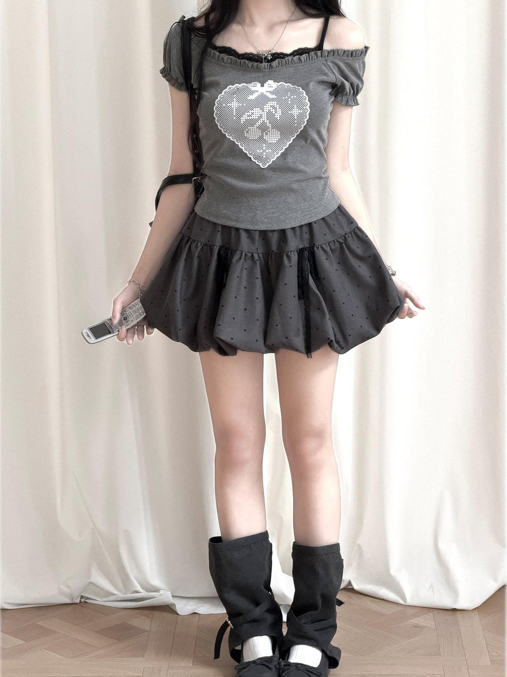 Kyouko Baby Millennial Gray Heart Print Puff Sleeve Off Shoulder Women's Matching Skirt Sets