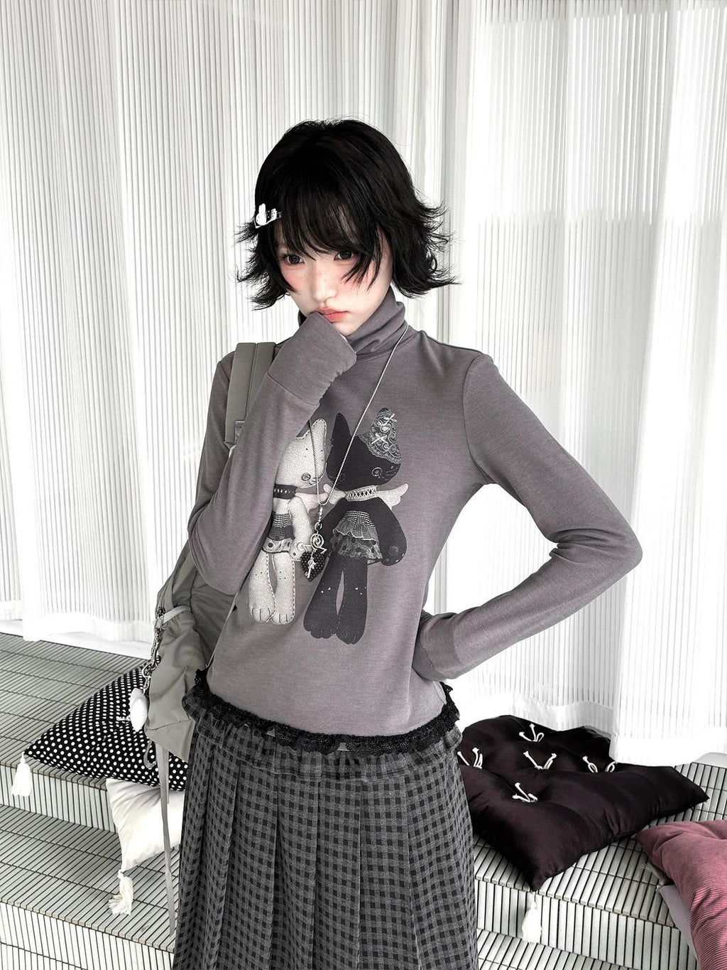 Kyouko Baby Mock Neck Thermal Basic Women's Derong Fleece Long Sleeve T-shirts