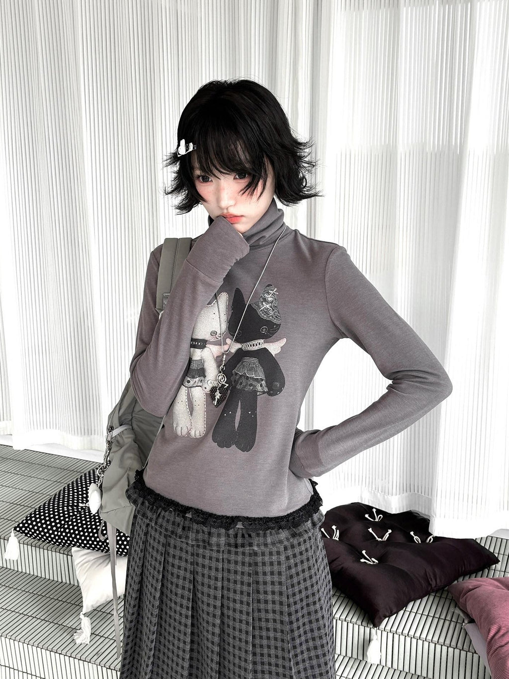 Kyouko Baby Mock Neck Thermal Basic Women's Derong Fleece Long Sleeve T-shirts
