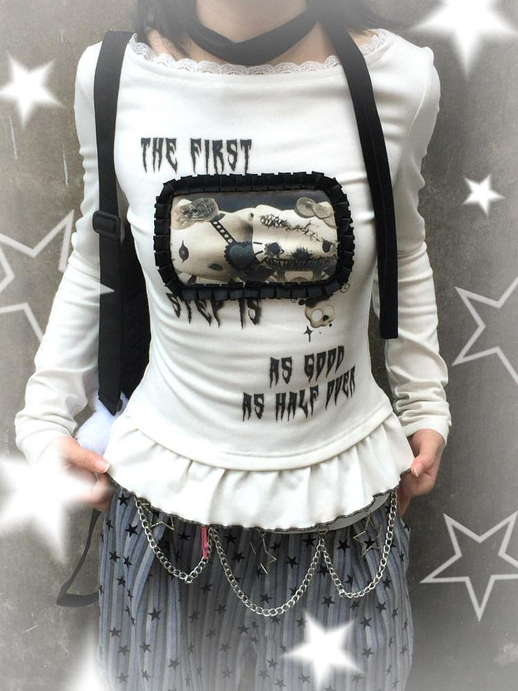 Kyouko Baby Monster Kitty Print Striped Detail Women's Other Fabric Long Sleeve T-shirts