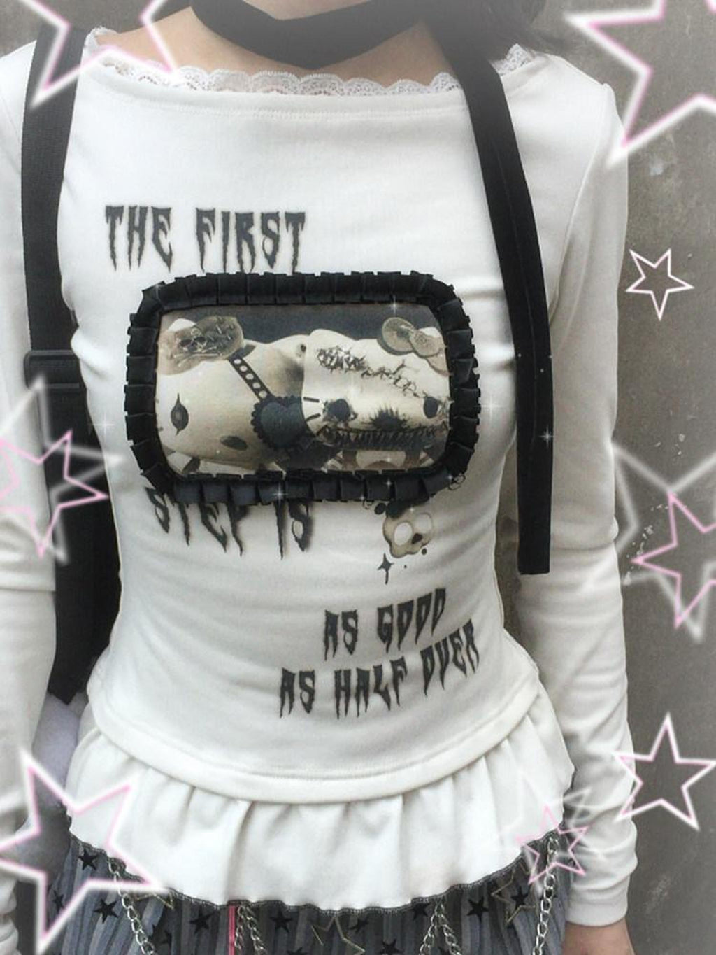 Kyouko Baby Monster Kitty Print Striped Detail Women's Other Fabric Long Sleeve T-shirts