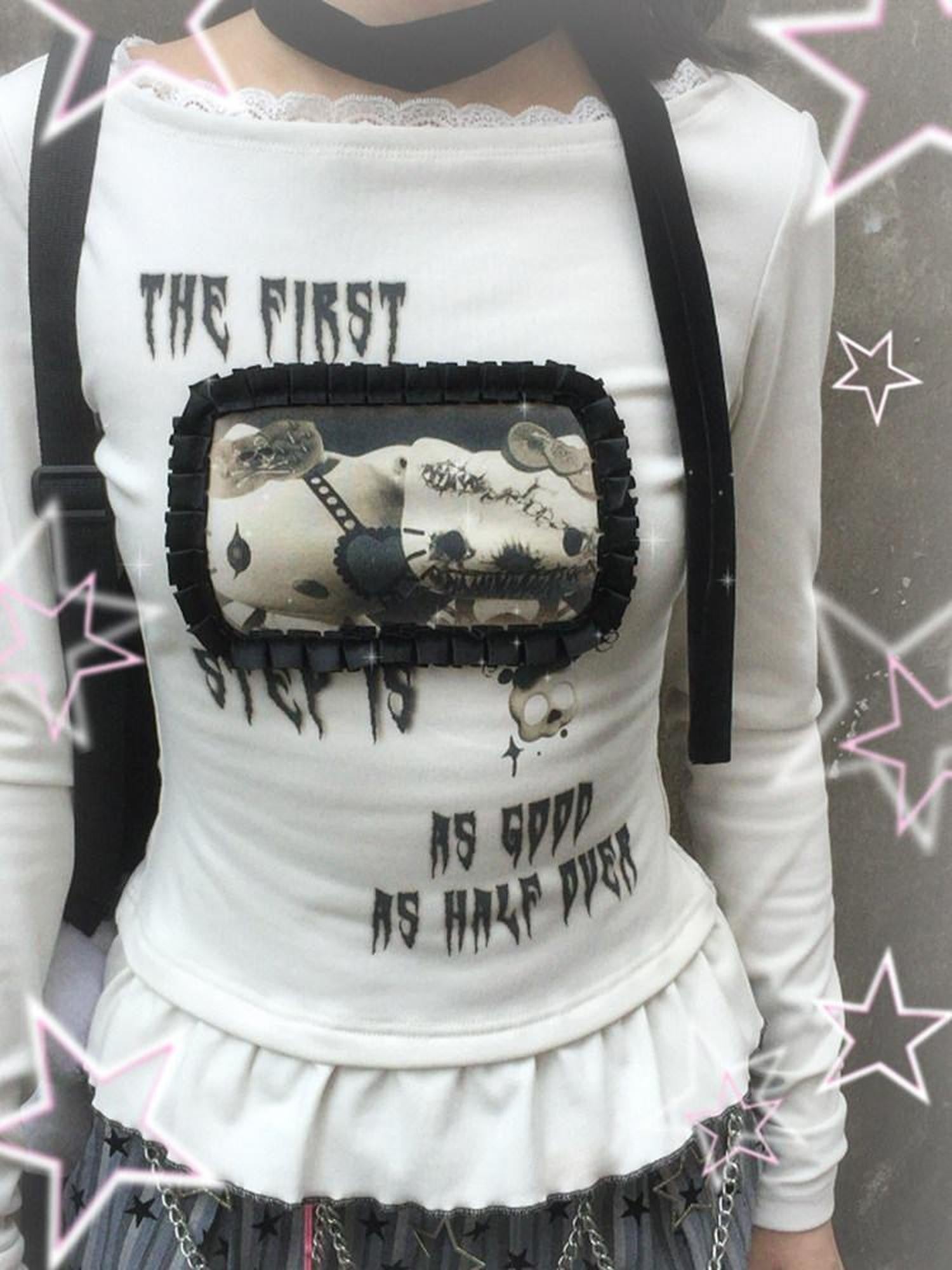 Kyouko Baby Monster Kitty Print Striped Detail Women's Other Fabric Long Sleeve T-shirts