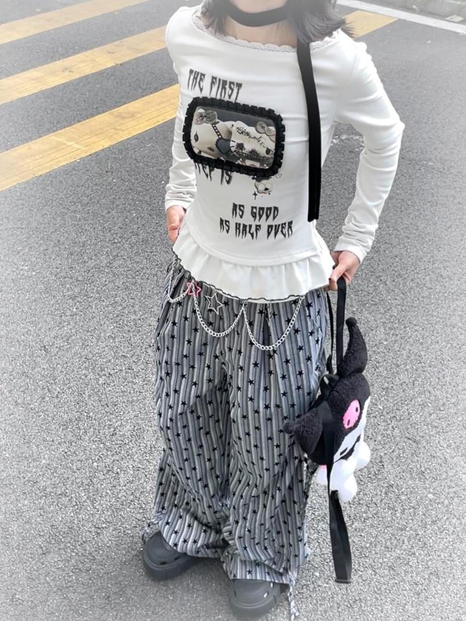 Kyouko Baby Monster Kitty Print Striped Detail Women's Other Fabric Long Sleeve T-shirts