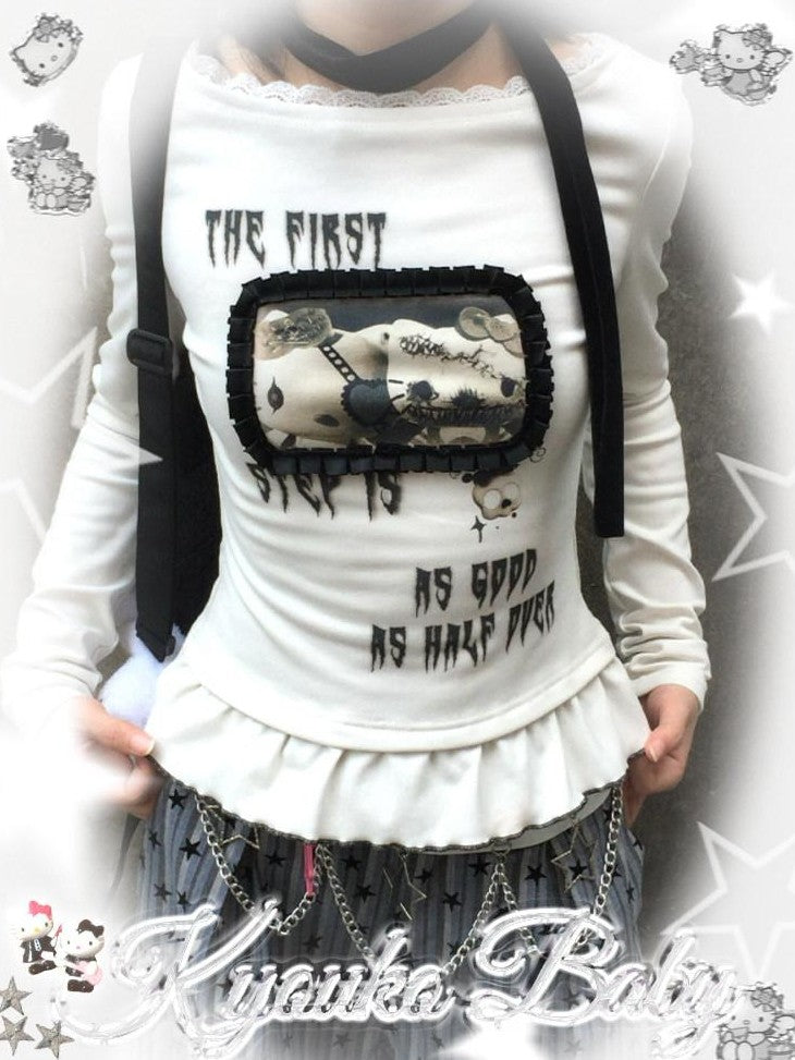 Kyouko Baby Monster Kitty Print Striped Detail Women's Other Fabric Long Sleeve T-shirts