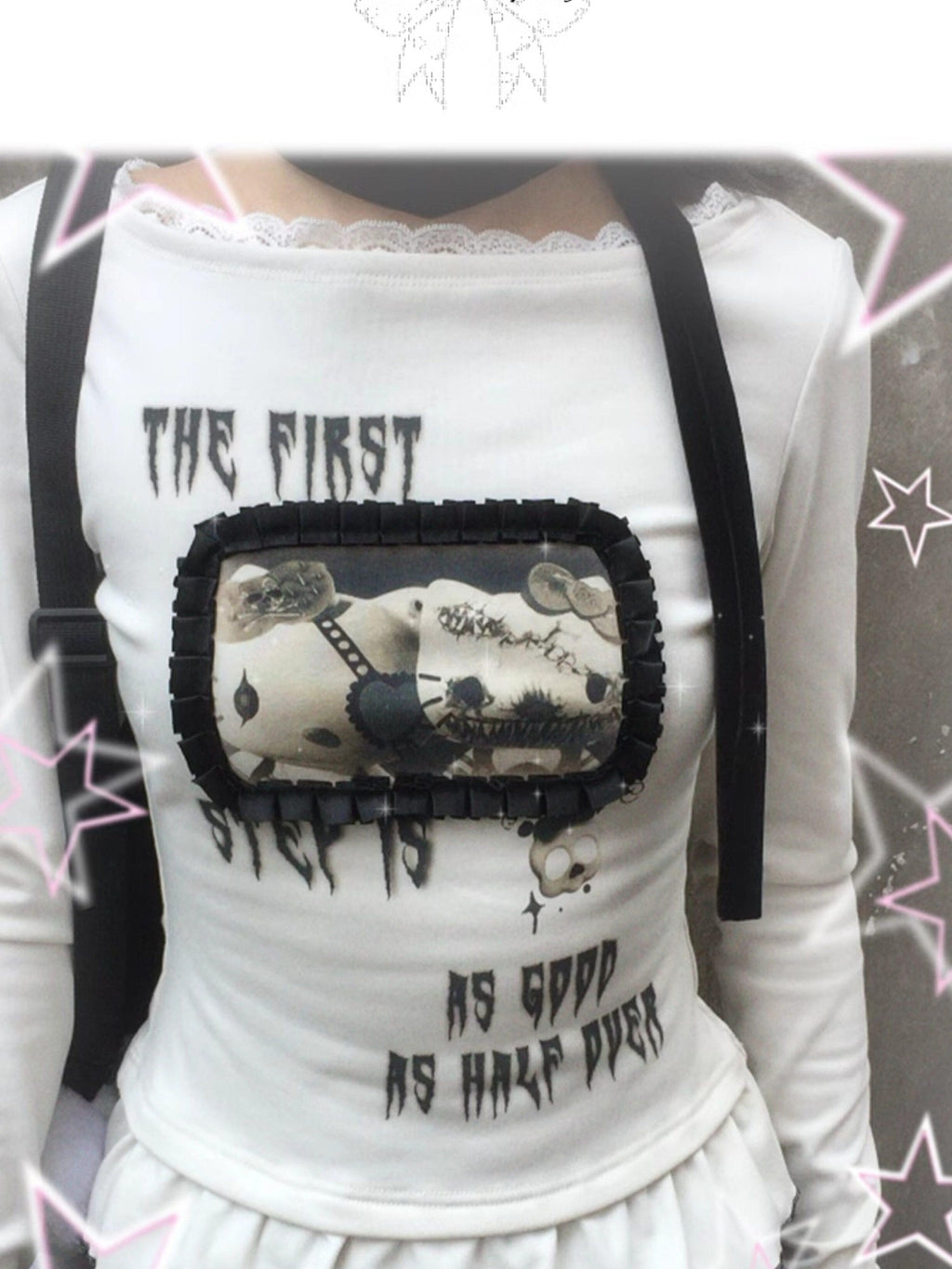 Kyouko Baby Monster Kitty Print Striped Detail Women's Other Fabric Long Sleeve T-shirts