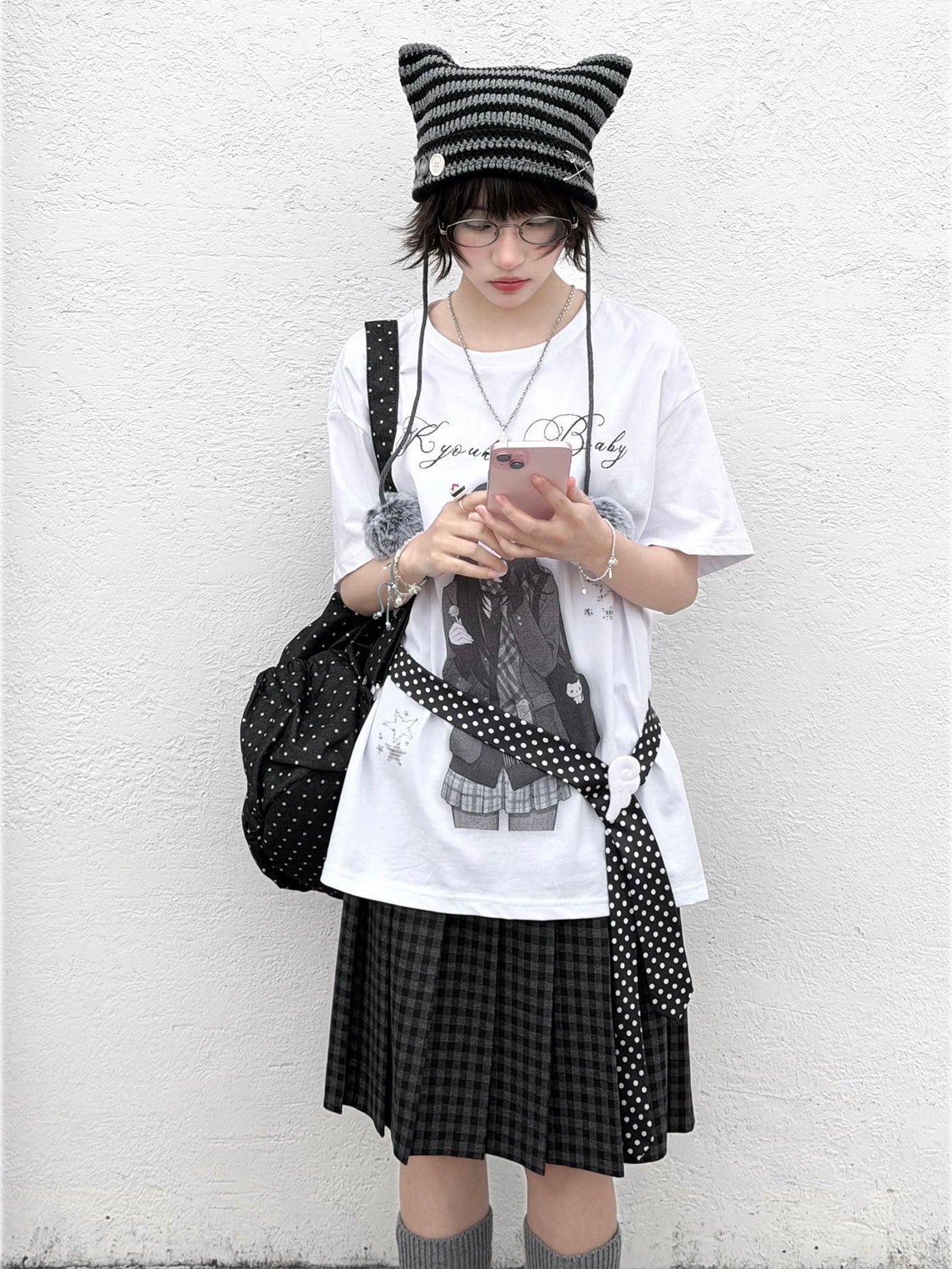 Kyouko Baby Nostalgic Doll Print Short Sleeve Plaid Skirt Women's Casual Top & Skirt Sets
