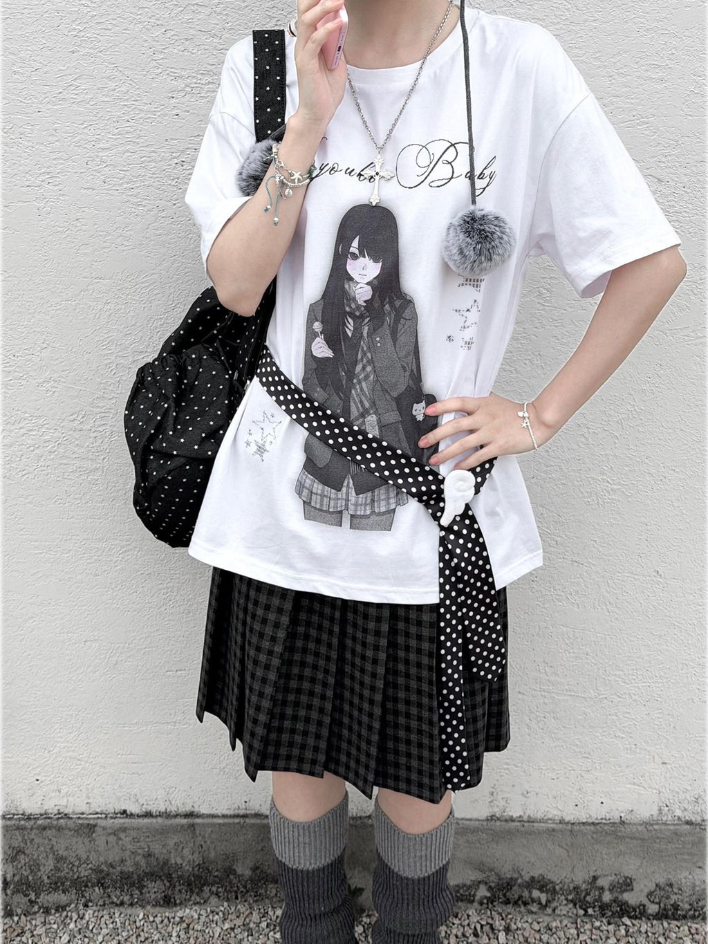 Kyouko Baby Nostalgic Doll Print Short Sleeve Plaid Skirt Women's Casual Top & Skirt Sets