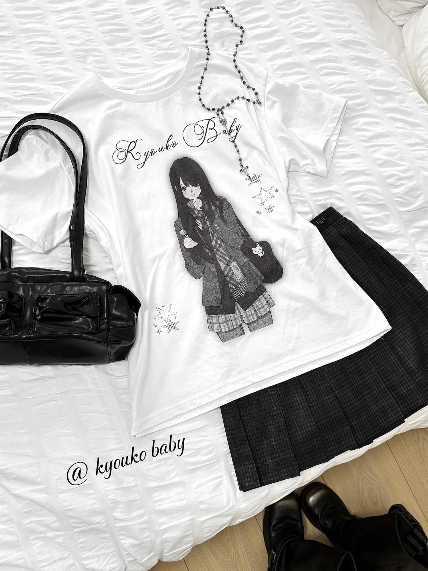Kyouko Baby Nostalgic Doll Print Short Sleeve Plaid Skirt Women's Casual Top & Skirt Sets