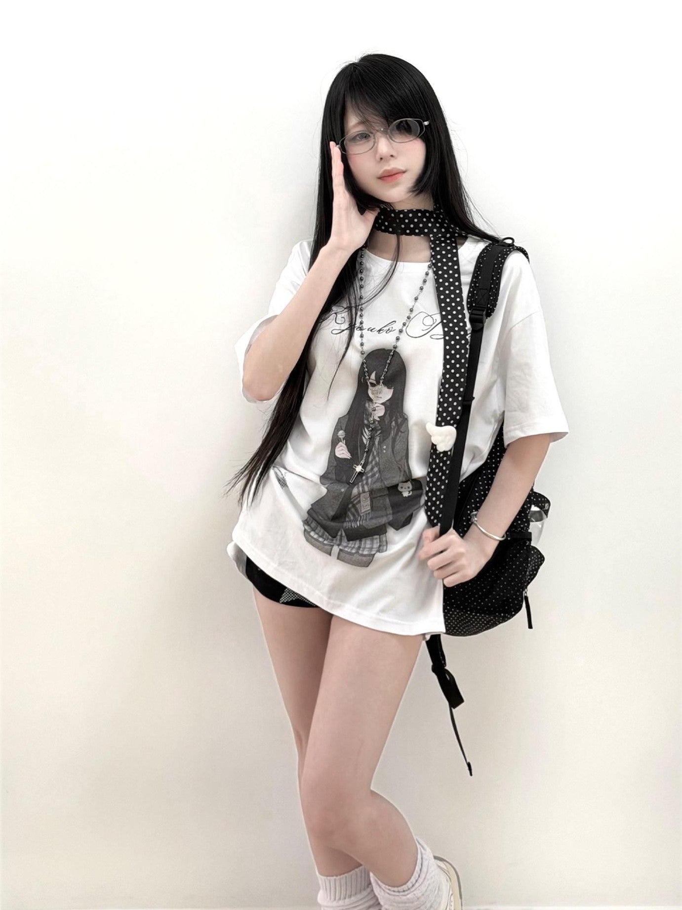 Kyouko Baby Nostalgic Doll Print Short Sleeve Plaid Skirt Women's Casual Top & Skirt Sets