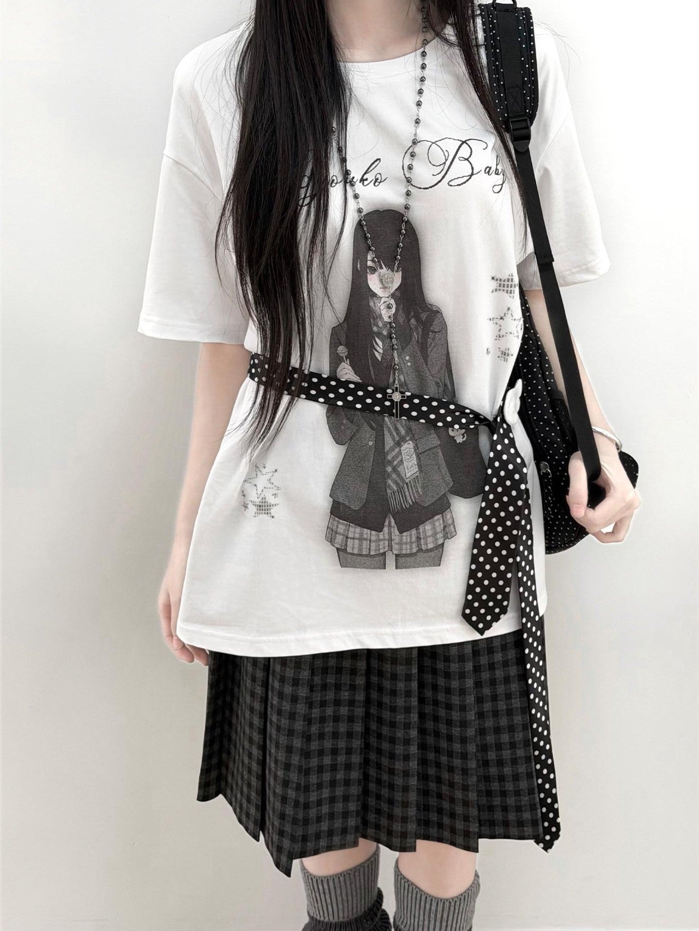 Kyouko Baby Nostalgic Doll Print Short Sleeve Plaid Skirt Women's Casual Top & Skirt Sets
