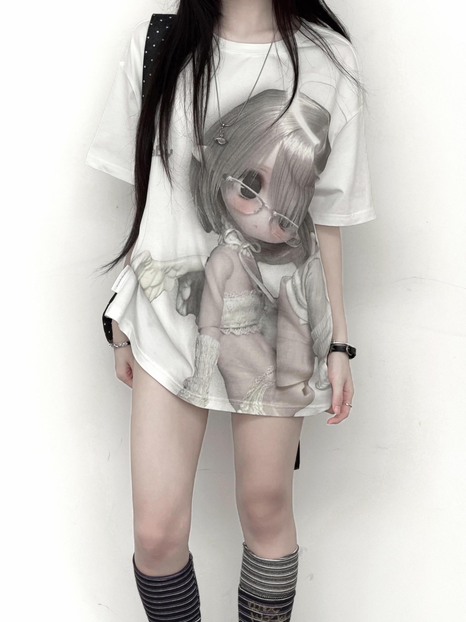 Kyouko Baby Pixel Angel Original Print Cartoon Doll Slimming Women's Oversized T-shirts