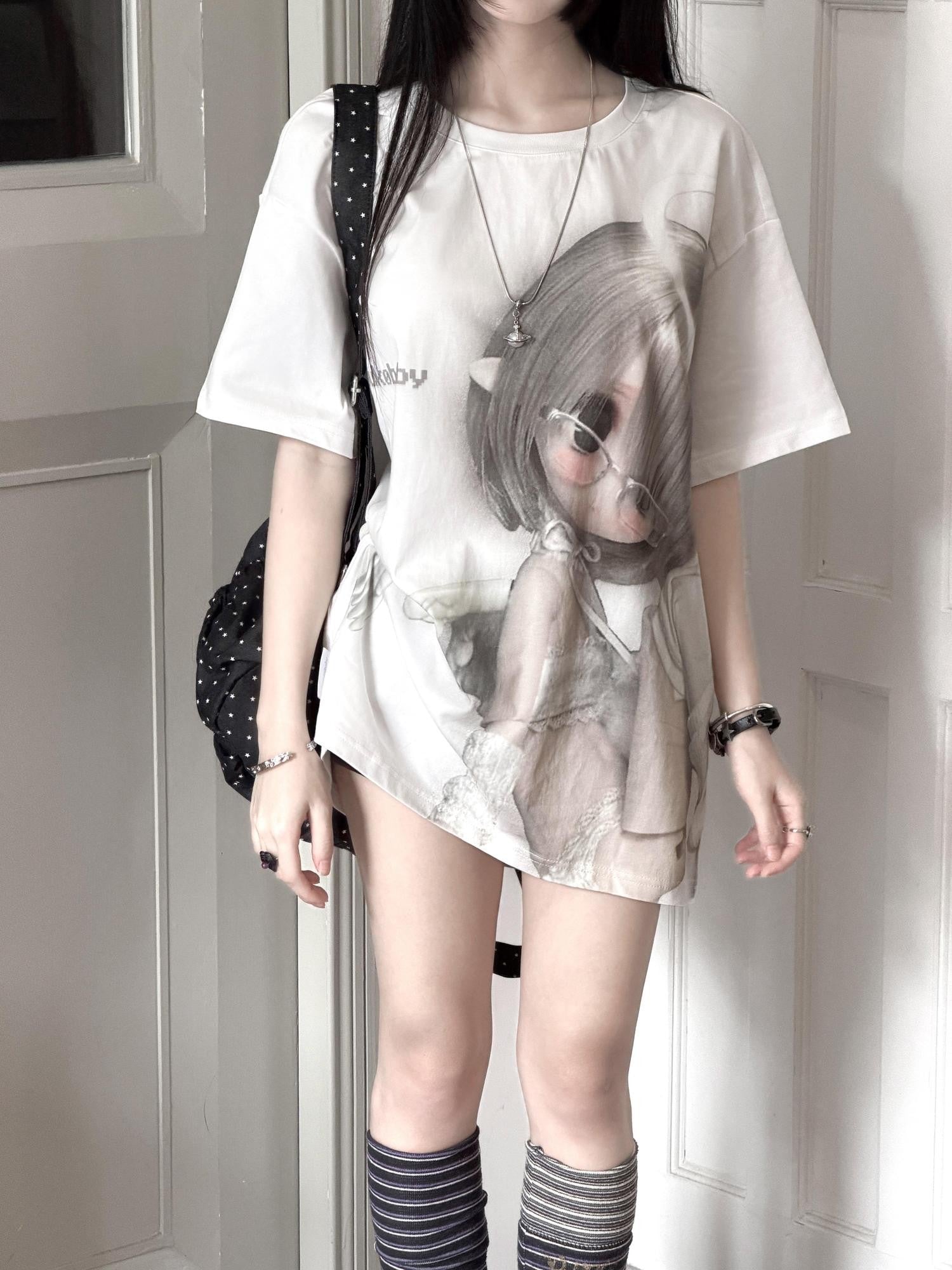 Kyouko Baby Pixel Angel Original Print Cartoon Doll Slimming Women's Oversized T-shirts