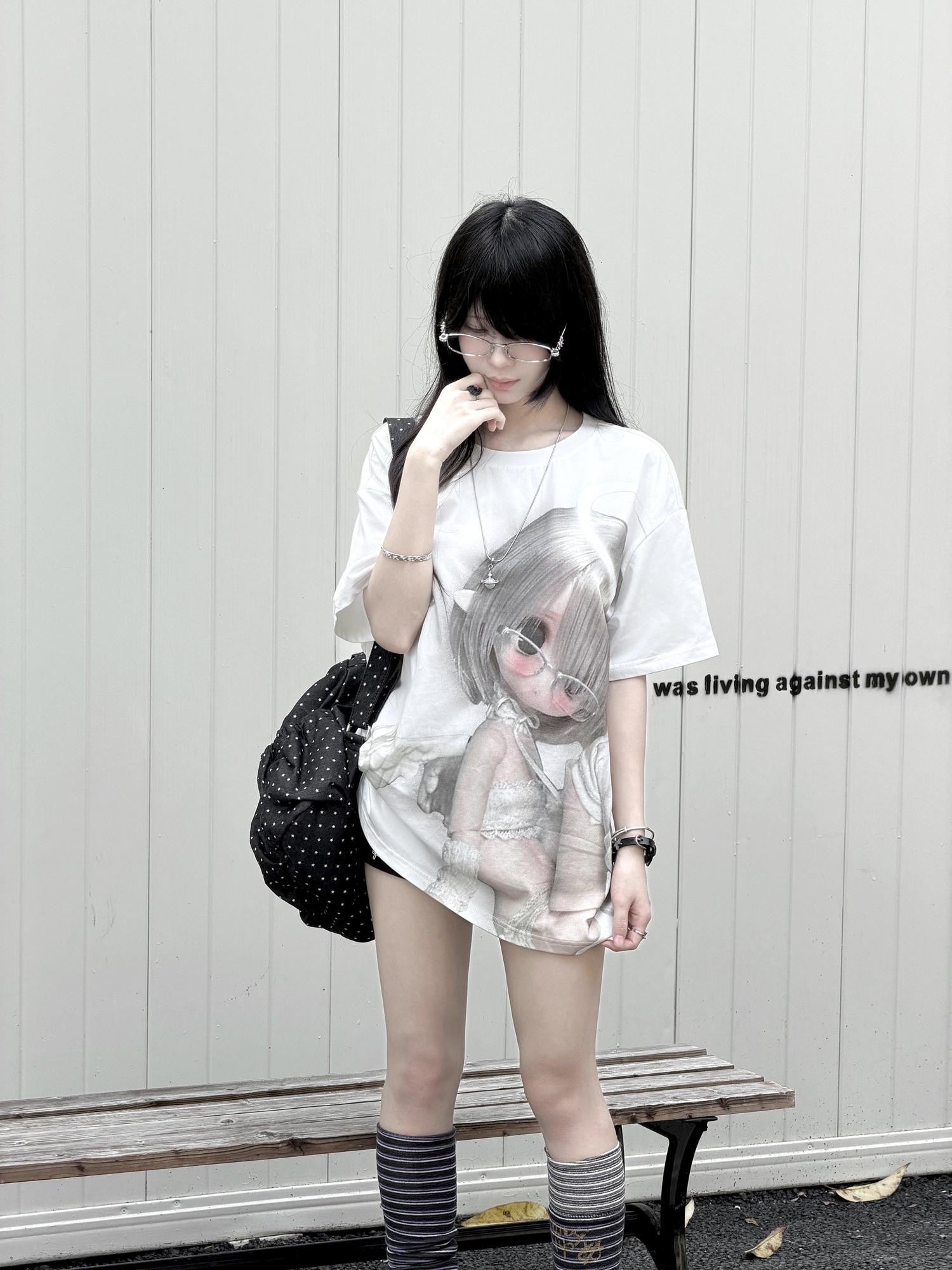 Kyouko Baby Pixel Angel Original Print Cartoon Doll Slimming Women's Oversized T-shirts