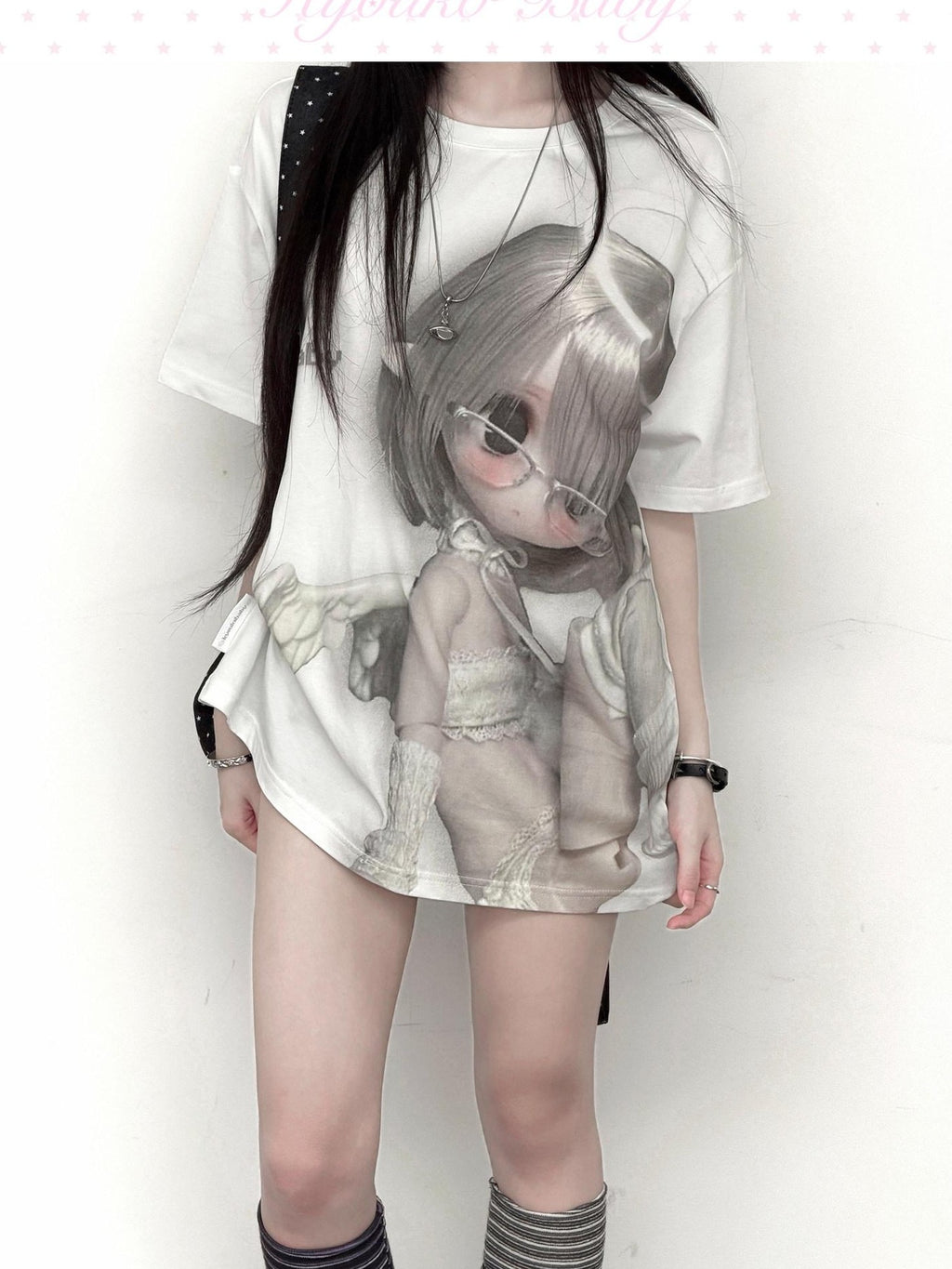 Kyouko Baby Pixel Angel Original Print Cartoon Doll Slimming Women's Oversized T-shirts