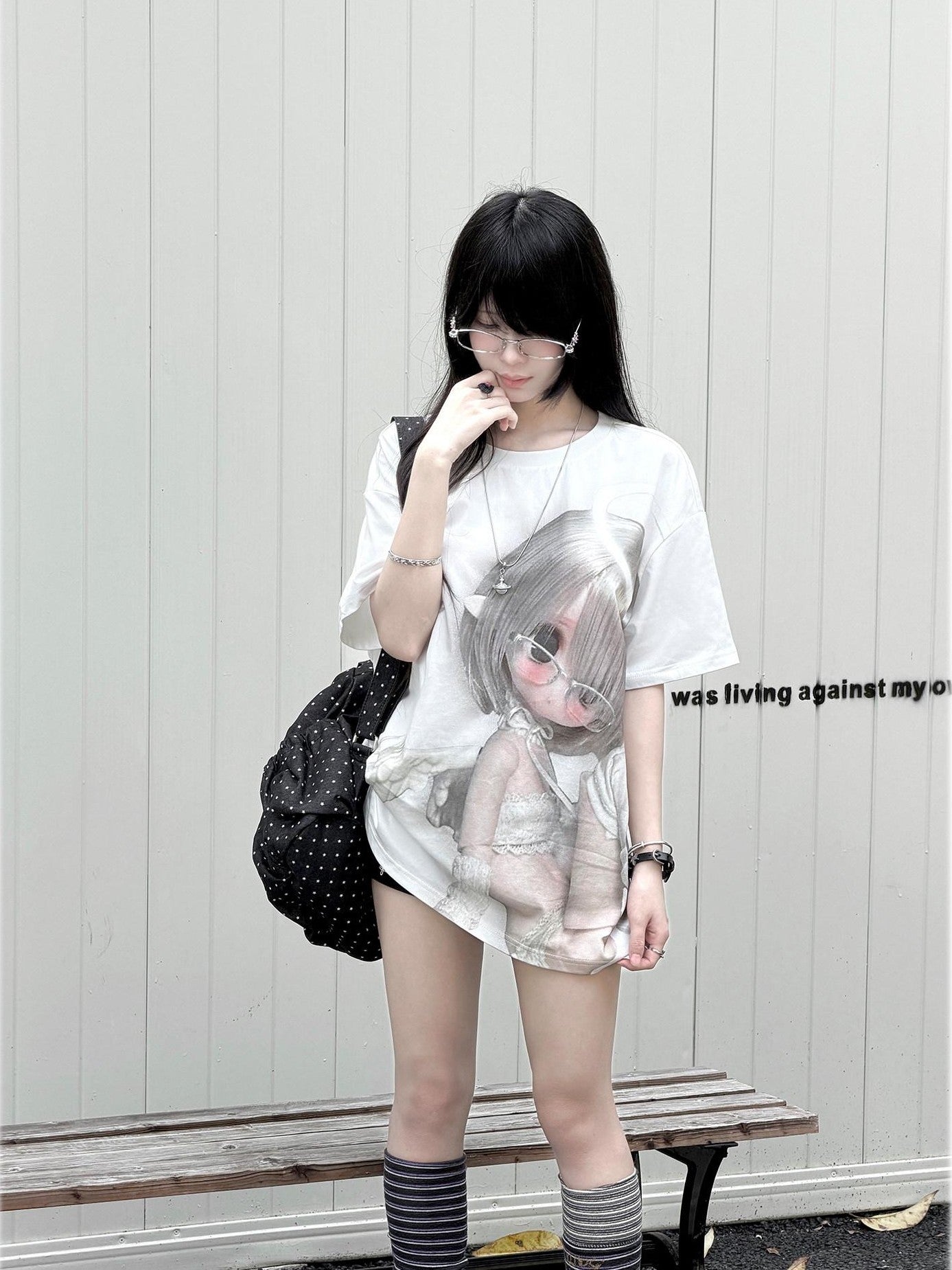 Kyouko Baby Pixel Angel Original Print Cartoon Doll Slimming Women's Oversized T-shirts
