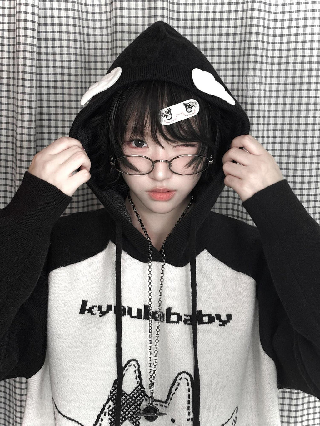 Kyouko Baby Printed Wing Oversized Women's Knit Black White Gray Sweatshirts
