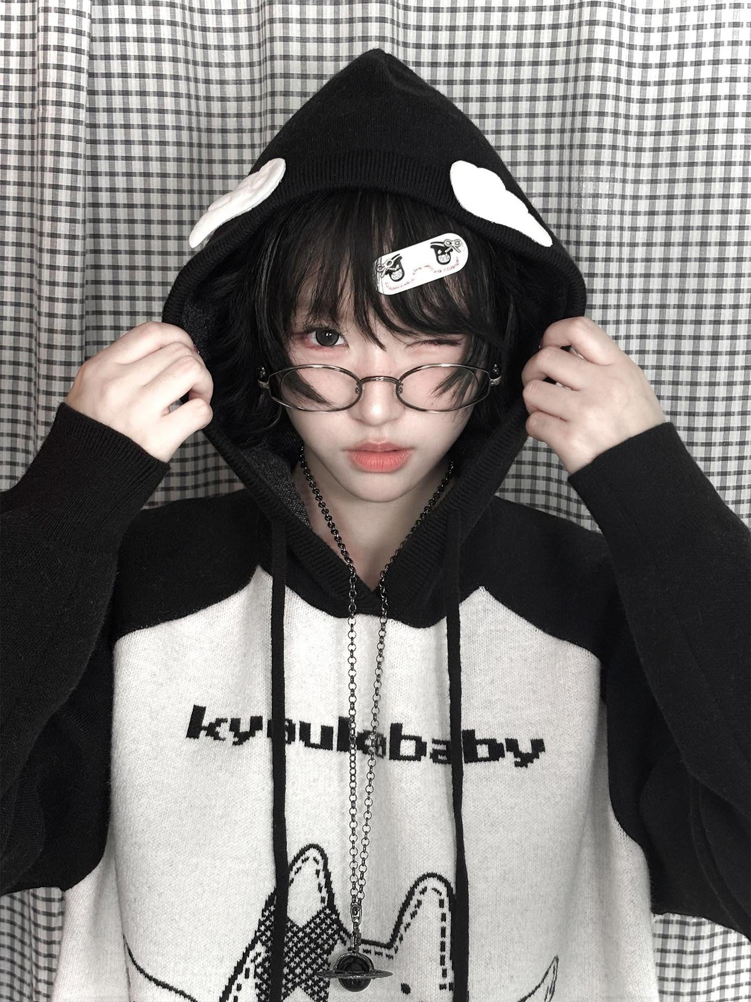 Kyouko Baby Printed Wing Oversized Women's Knit Black White Gray Sweatshirts