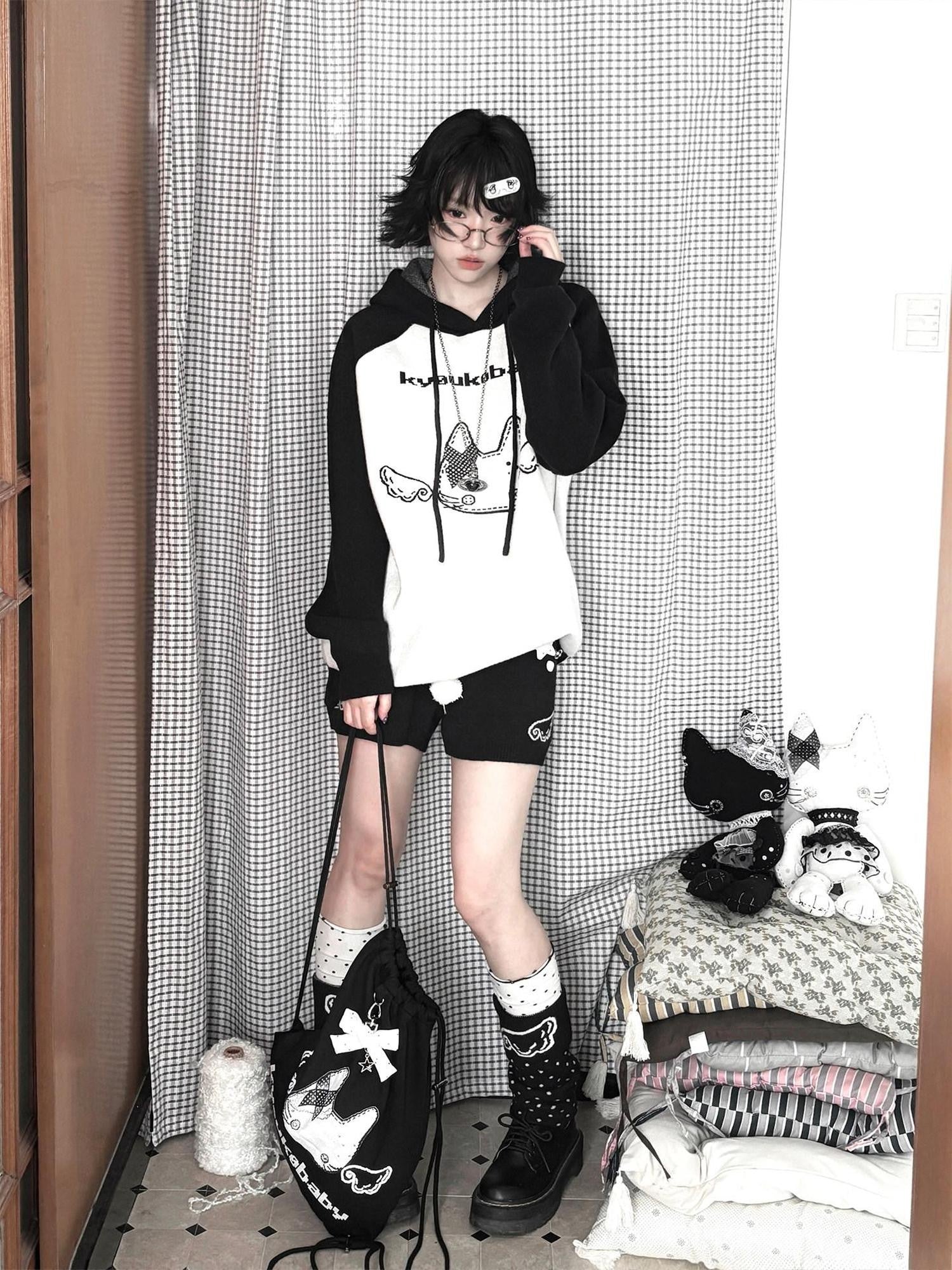 Kyouko Baby Printed Wing Oversized Women's Knit Black White Gray Sweatshirts