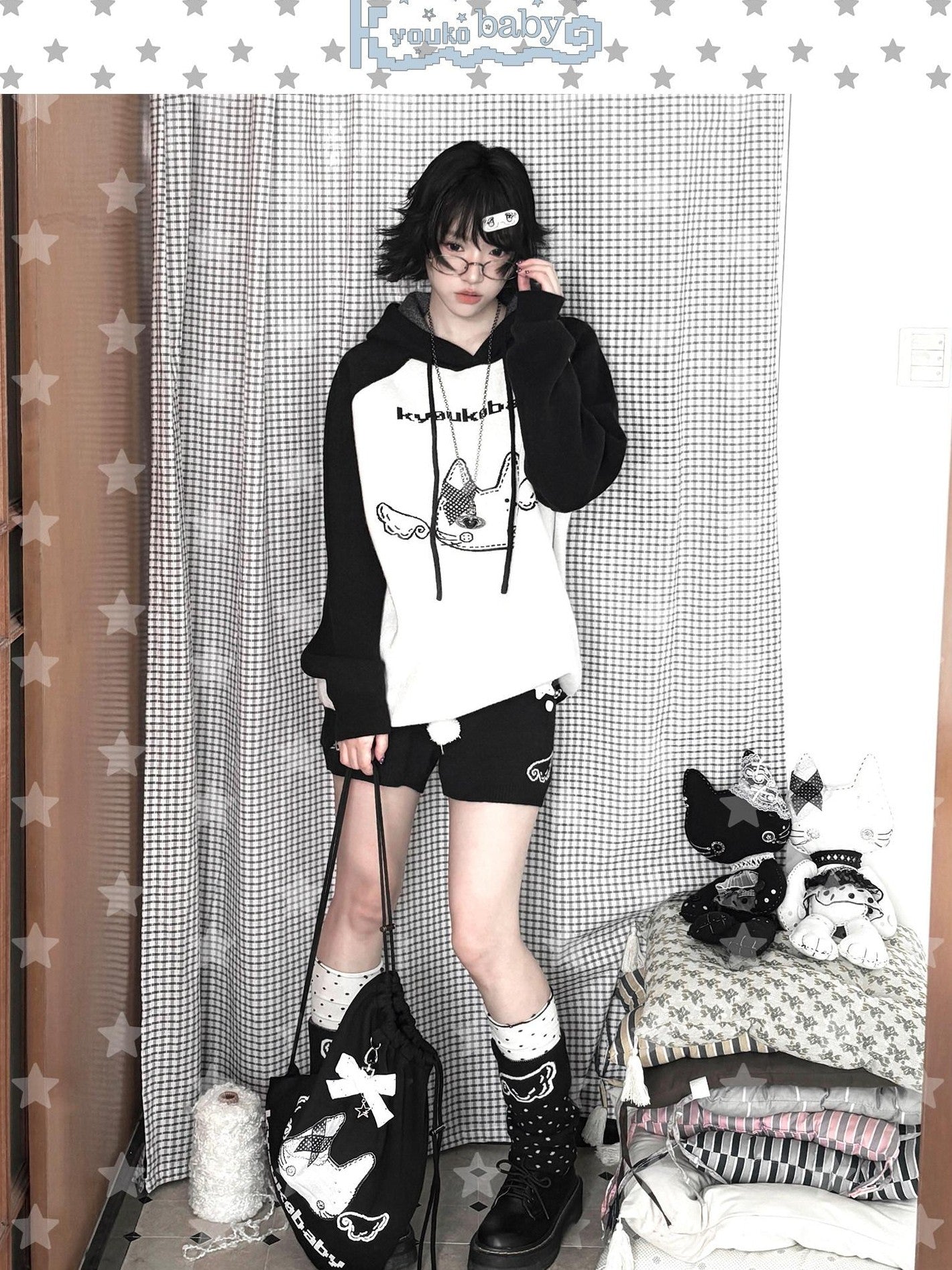 Kyouko Baby Printed Wing Oversized Women's Knit Black White Gray Sweatshirts