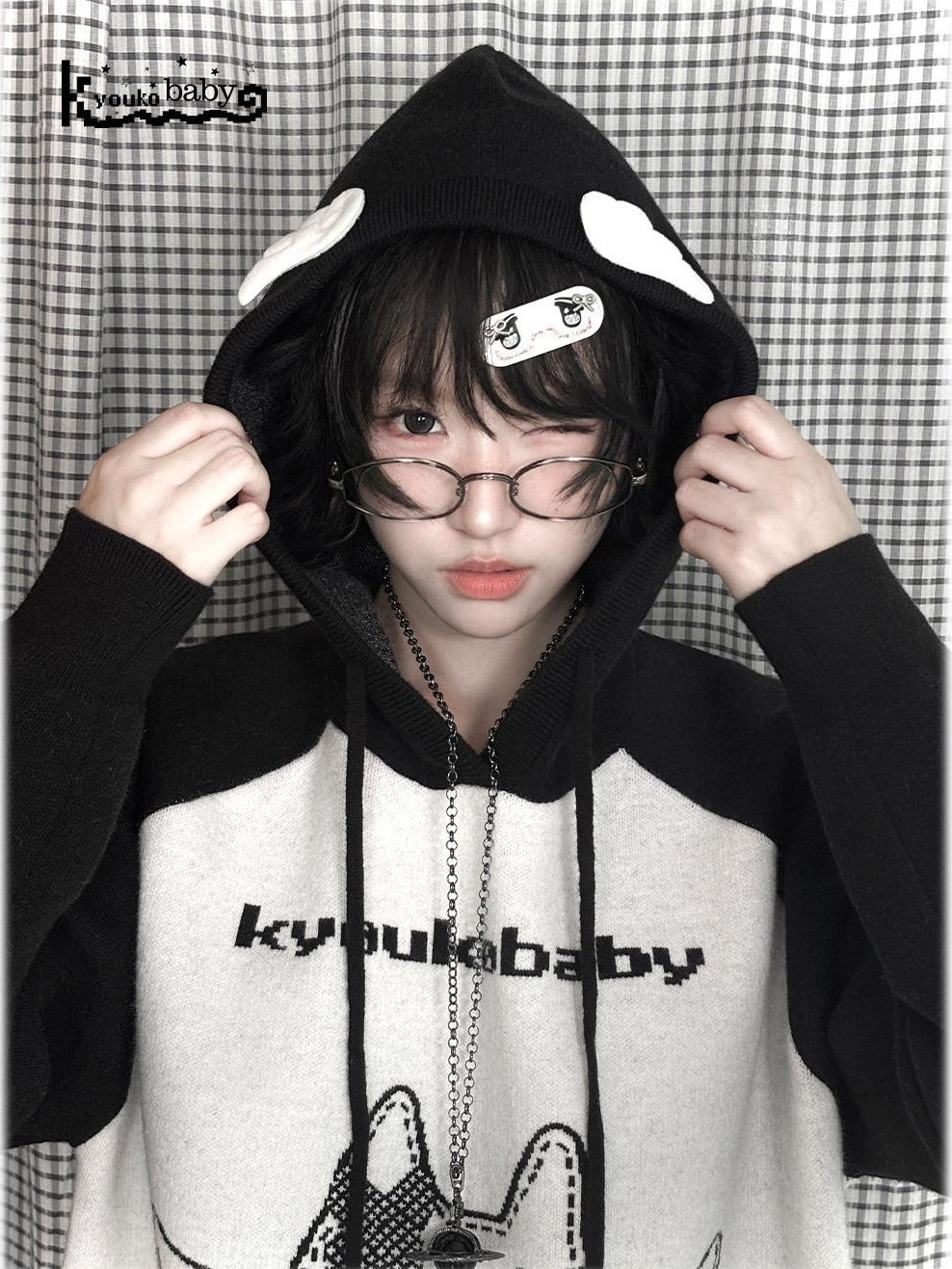 Kyouko Baby Printed Wing Oversized Women's Knit Black White Gray Sweatshirts