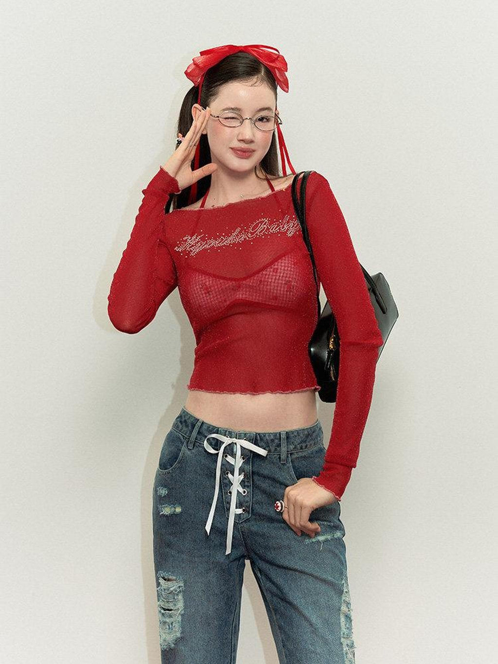 Kyouko Baby Red Layered Overlay Mesh Rhinestone Women's Long Sleeve T-shirts