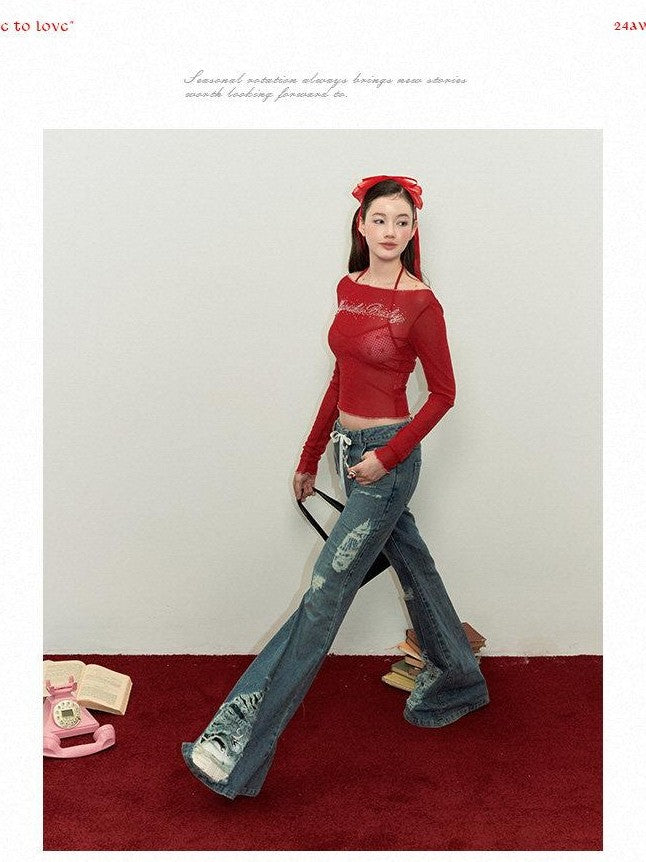 Kyouko Baby Red Layered Overlay Mesh Rhinestone Women's Long Sleeve T-shirts