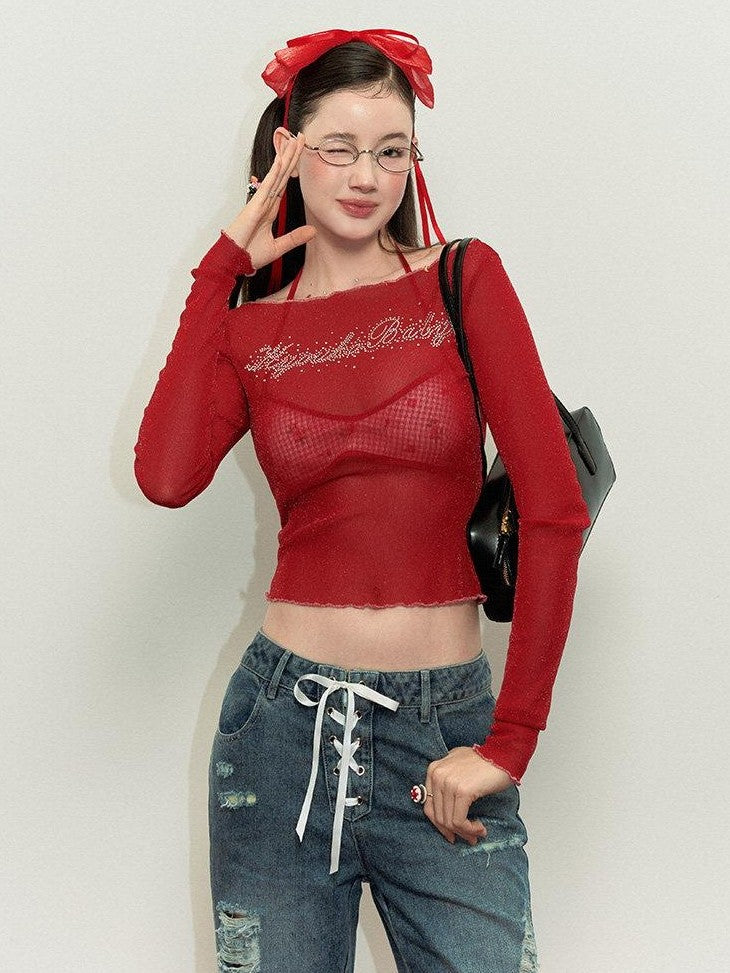 Kyouko Baby Red Layered Overlay Mesh Rhinestone Women's Long Sleeve T-shirts