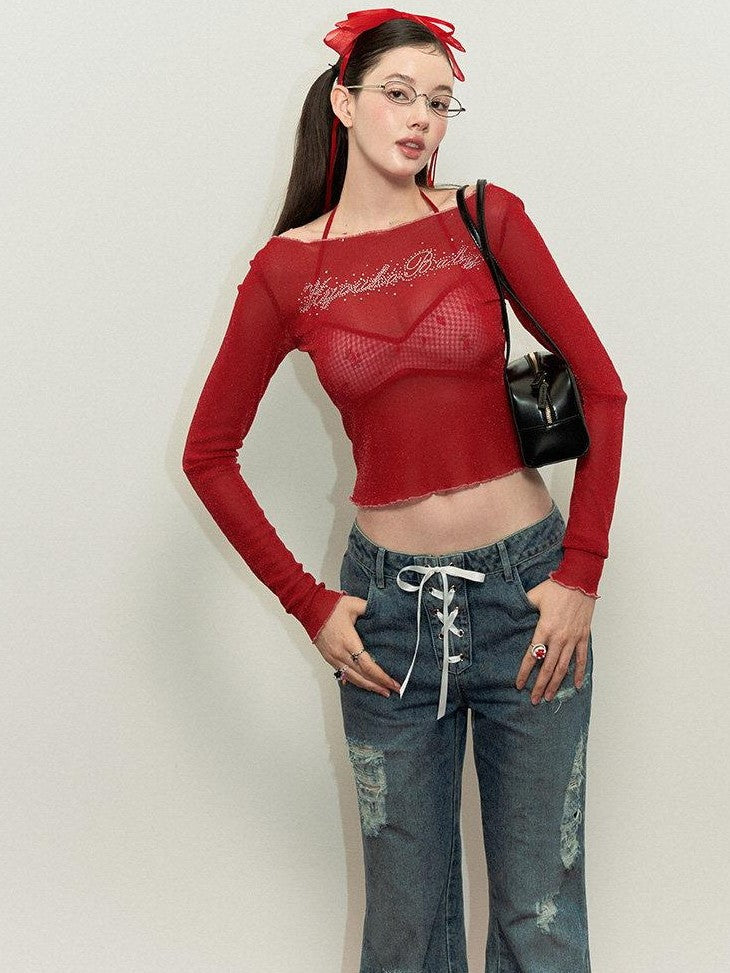 Kyouko Baby Red Layered Overlay Mesh Rhinestone Women's Long Sleeve T-shirts