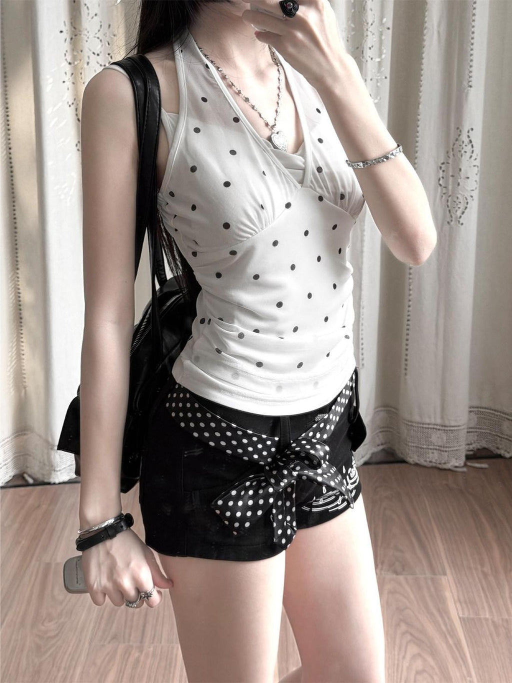 Kyouko Baby Retro Polka Dot Halter High Waist Slimming Women's Casual Top & Shorts Sets