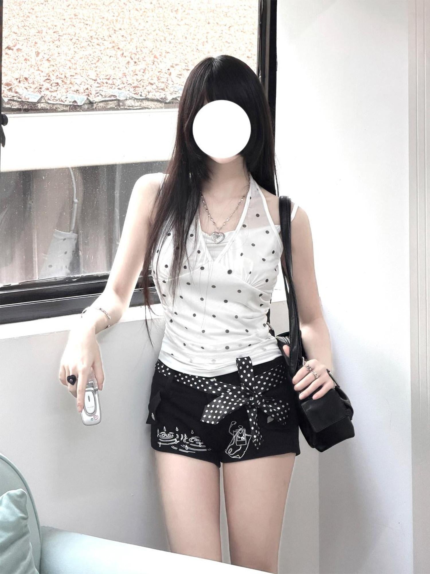 Kyouko Baby Retro Polka Dot Halter High Waist Slimming Women's Casual Top & Shorts Sets