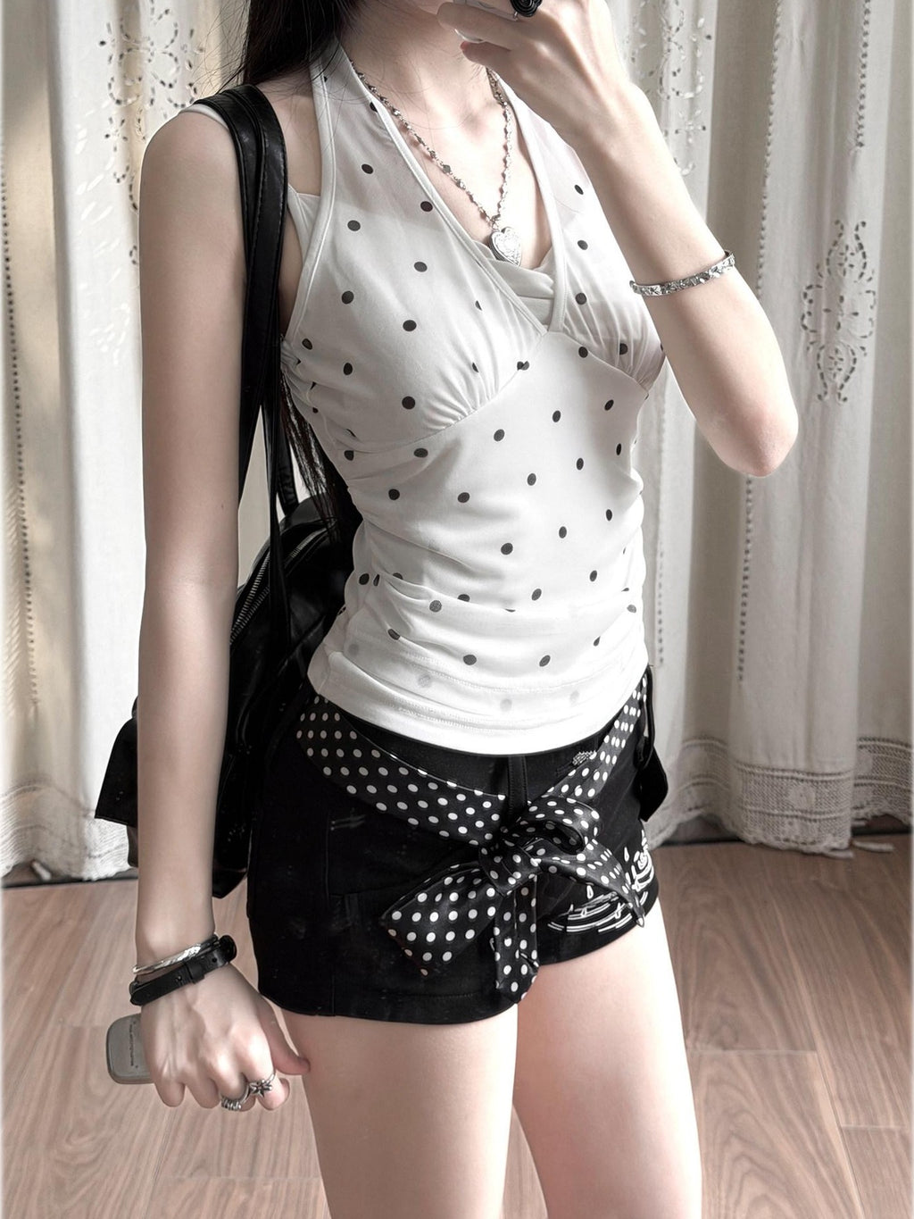 Kyouko Baby Retro Polka Dot Halter High Waist Slimming Women's Casual Top & Shorts Sets