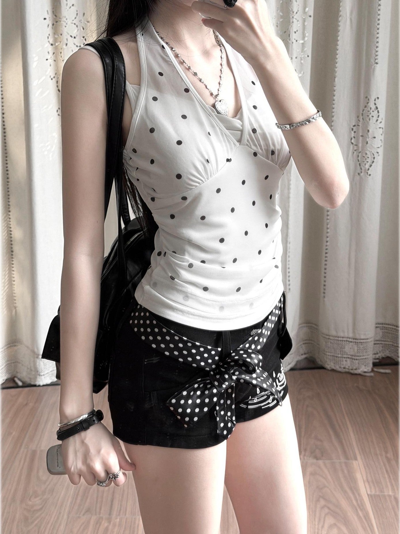 Kyouko Baby Retro Polka Dot Halter High Waist Slimming Women's Casual Top & Shorts Sets