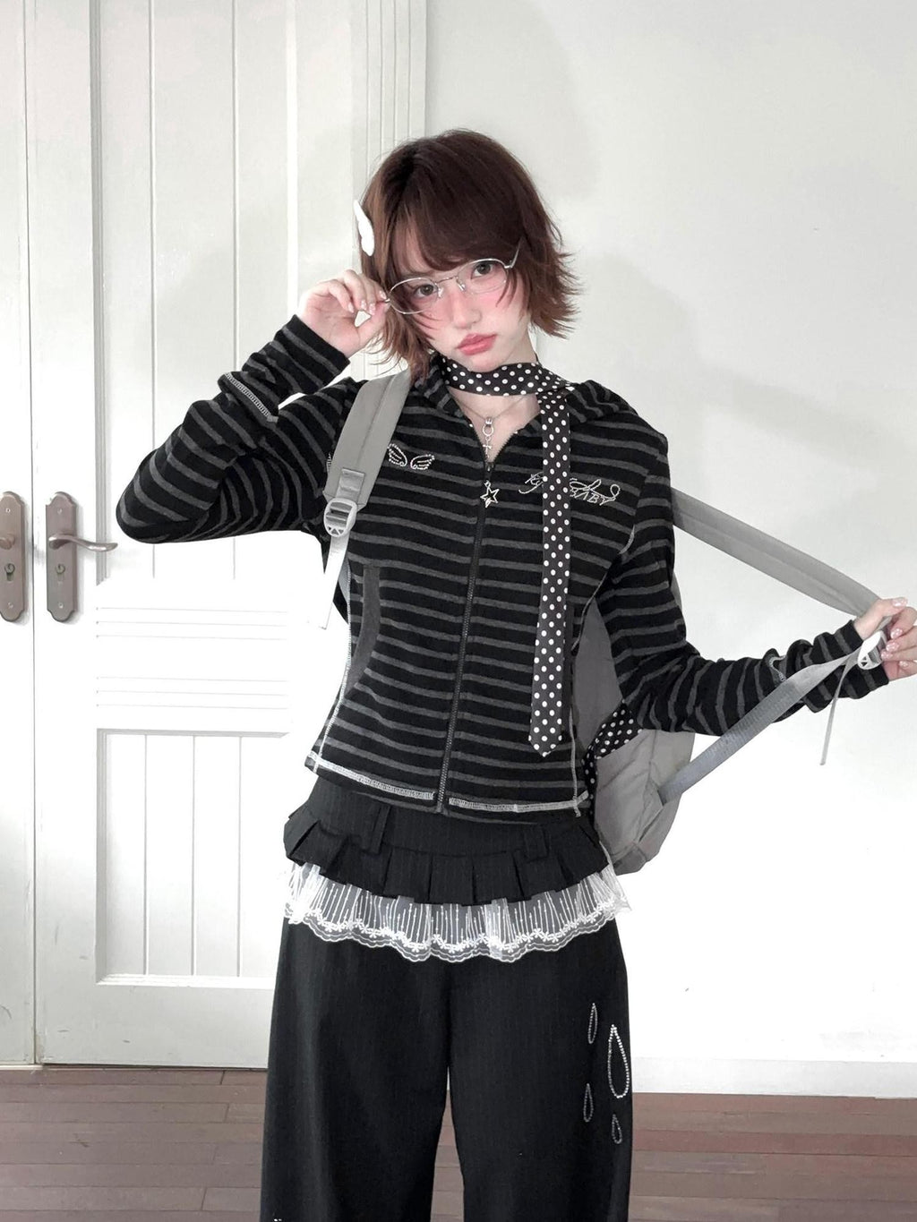 Kyouko Baby Rhinestone Striped Original Design Long Sleeve Women's Casual Jackets