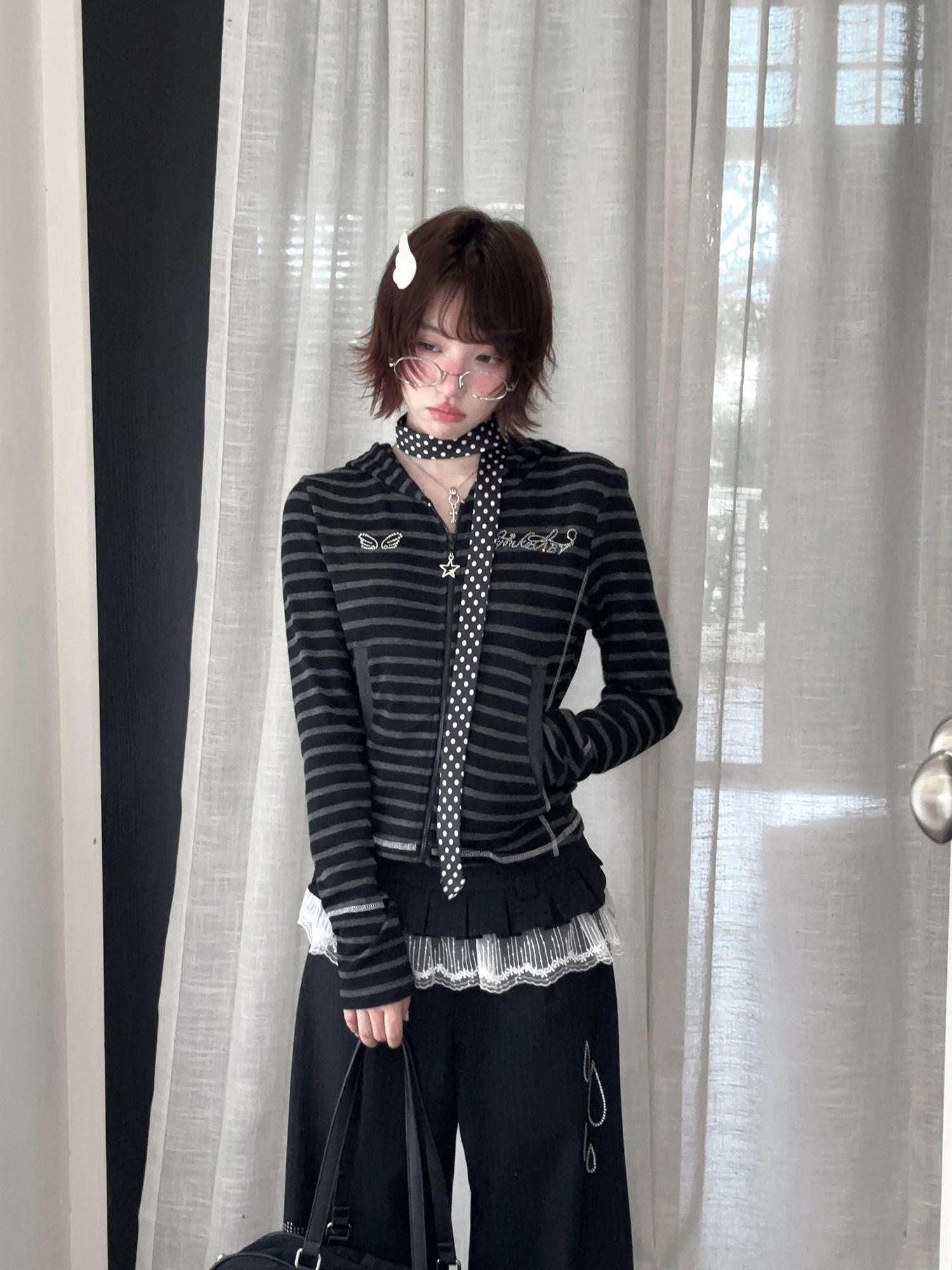 Kyouko Baby Rhinestone Striped Original Design Long Sleeve Women's Casual Jackets