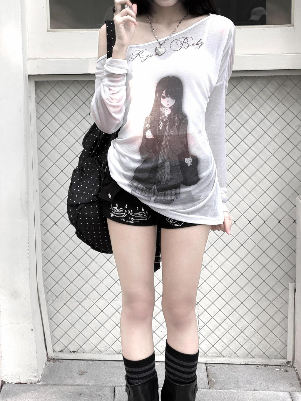 Kyouko Baby Room Doll Sheer Print One Shoulder Long Sleeve Women's Casual Top & Shorts Sets