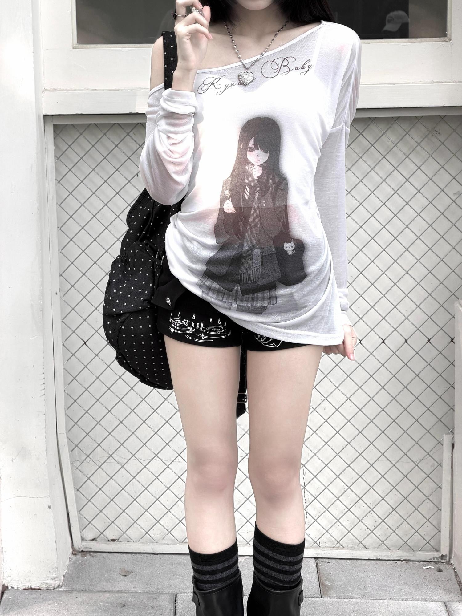 Kyouko Baby Room Doll Sheer Print One Shoulder Long Sleeve Women's Casual Top & Shorts Sets
