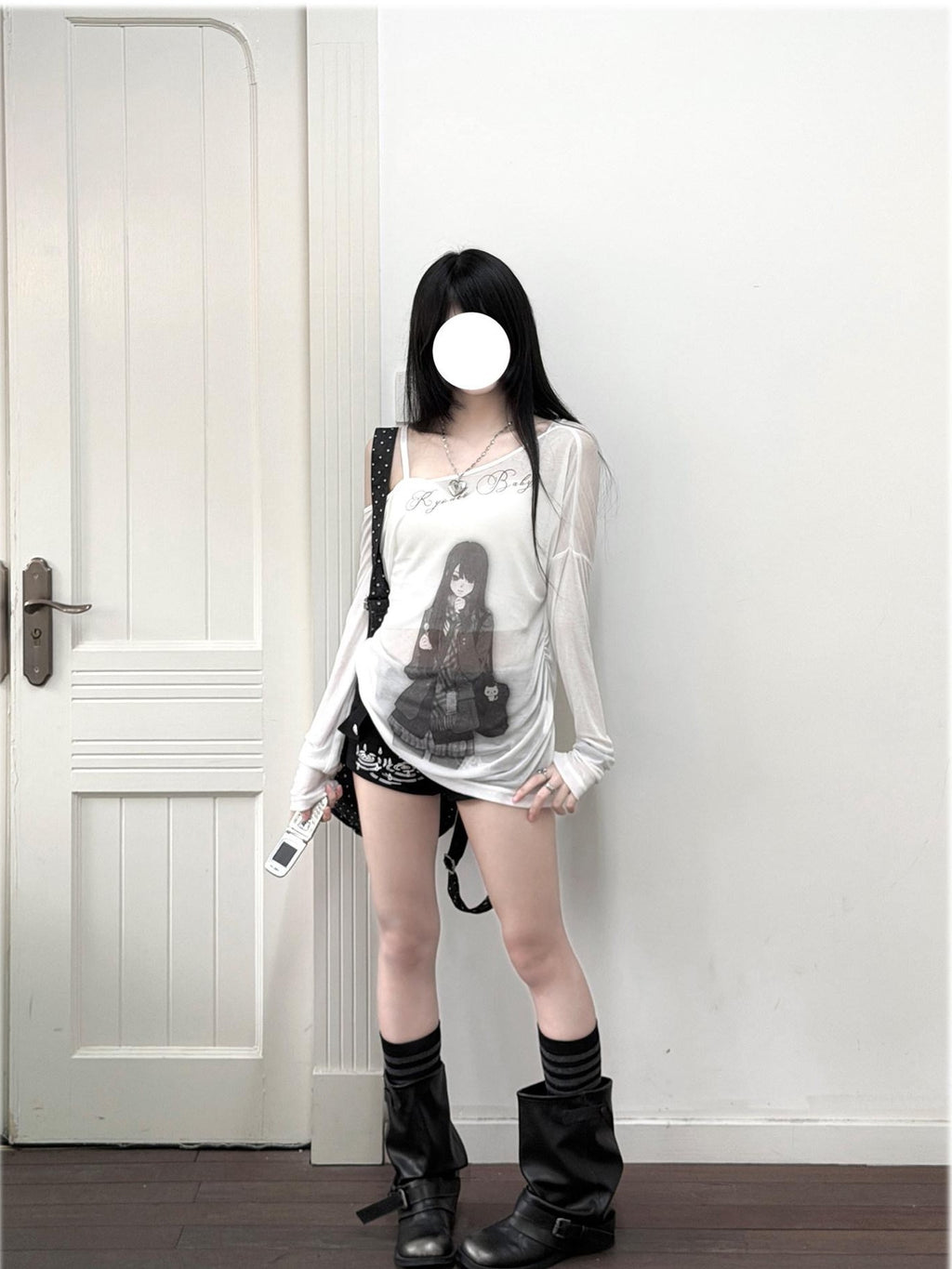 Kyouko Baby Room Doll Sheer Print One Shoulder Long Sleeve Women's Casual Top & Shorts Sets