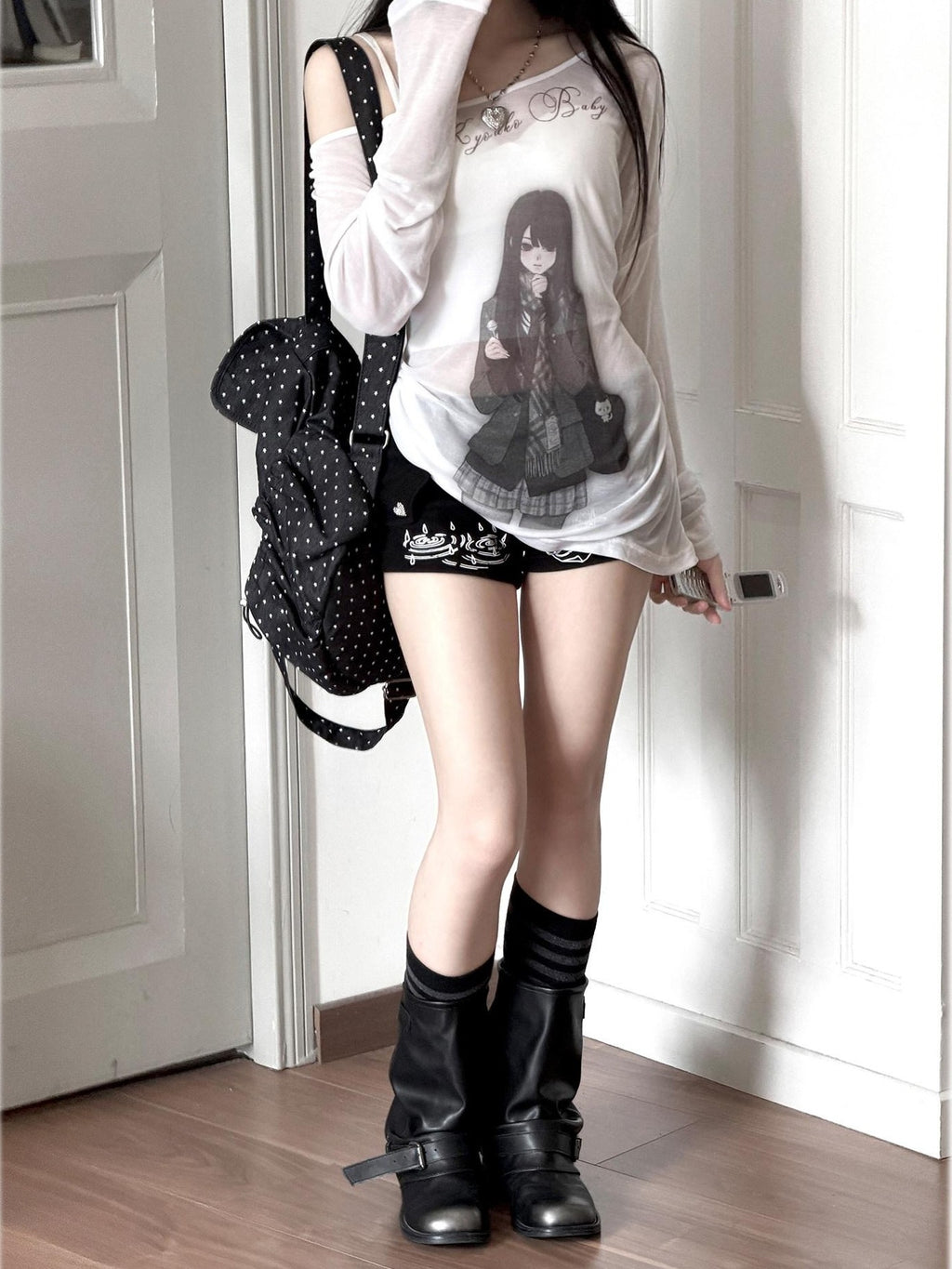 Kyouko Baby Room Doll Sheer Print One Shoulder Long Sleeve Women's Casual Top & Shorts Sets