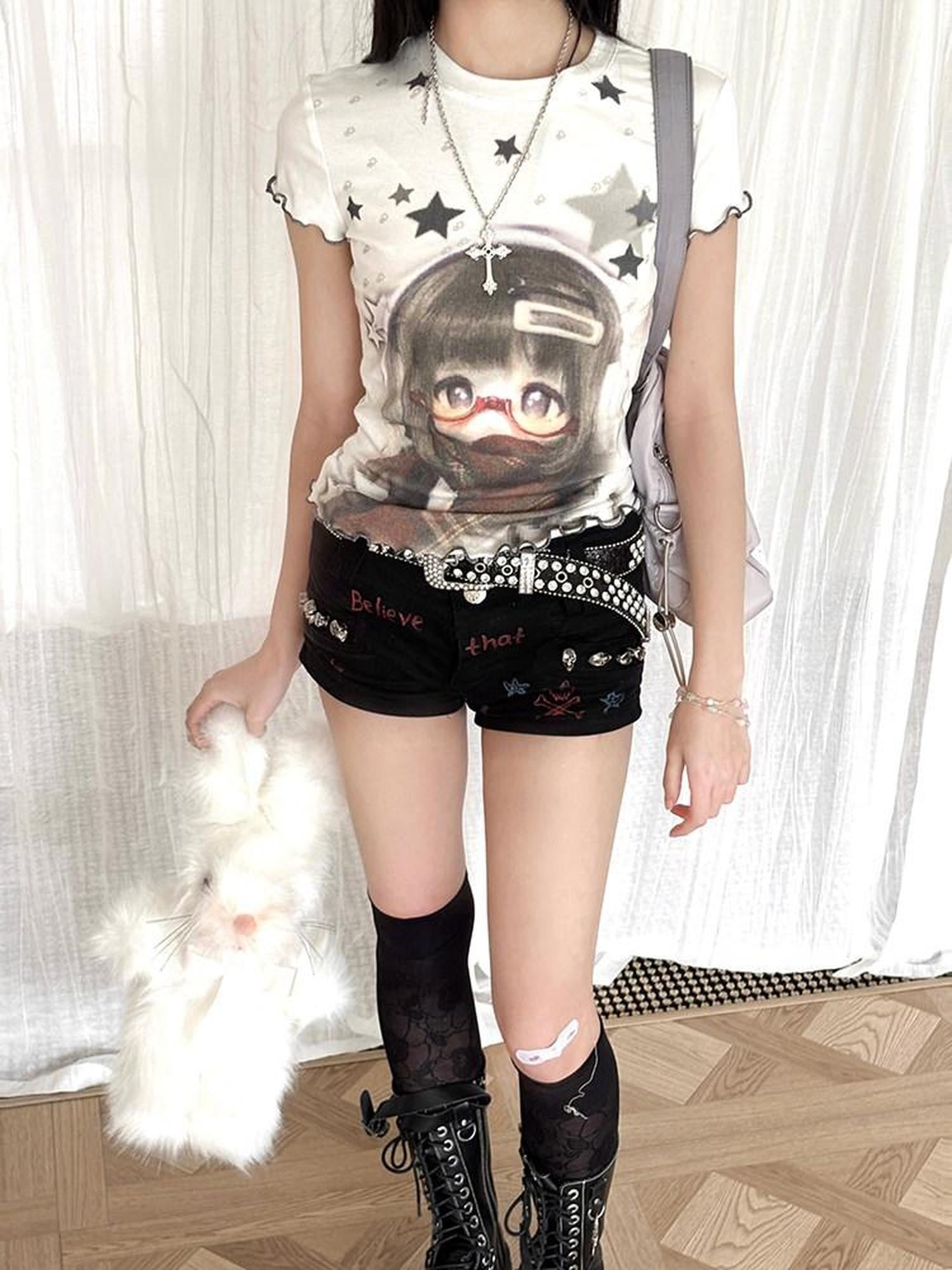 Kyouko Baby Star Print Patchwork Bjd Inspired Women's Lightweight Short Sleeve T-shirts
