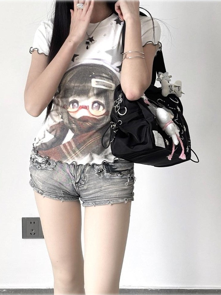 Kyouko Baby Star Print Patchwork Bjd Inspired Women's Lightweight Short Sleeve T-shirts