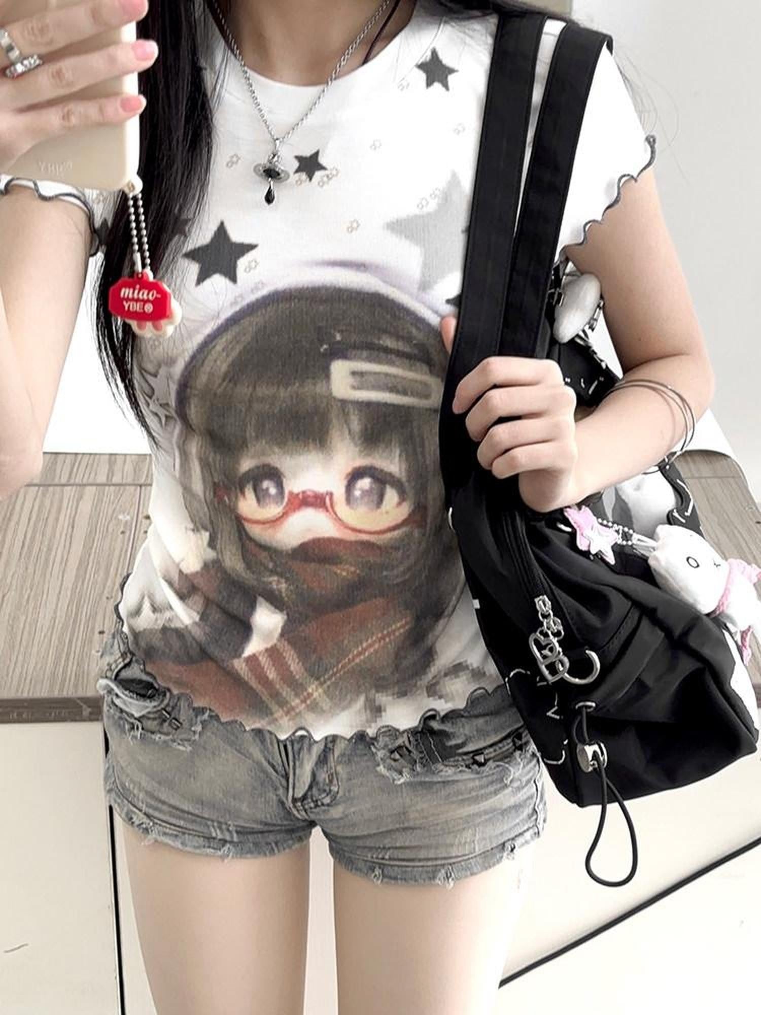 Kyouko Baby Star Print Patchwork Bjd Inspired Women's Lightweight Short Sleeve T-shirts